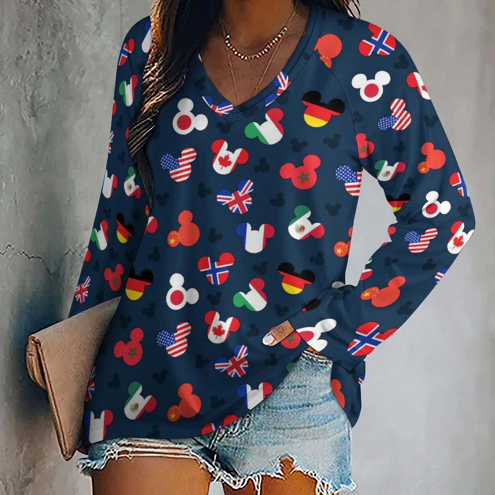 Mickey Flags Long Sleeve Loose V-Neck Tee