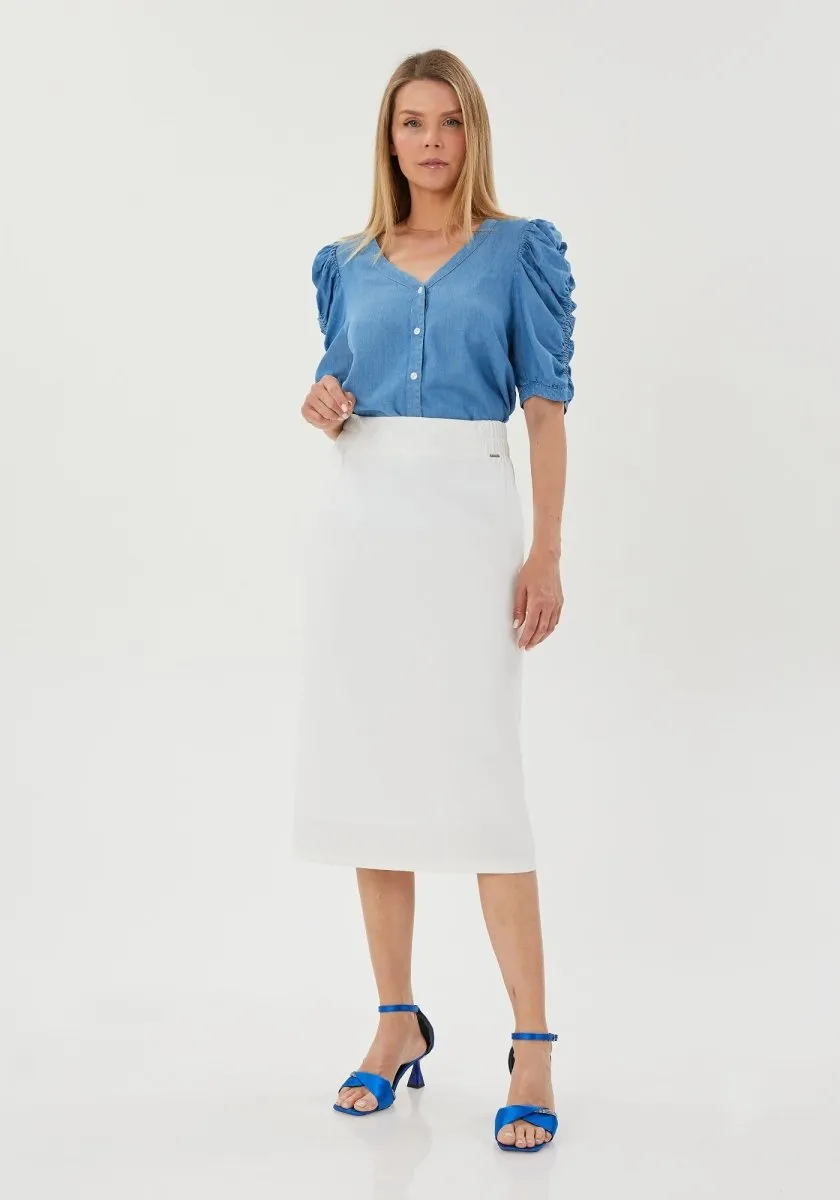 Midi Pencil Skirt with Elastic Waist and Closed Back Vent