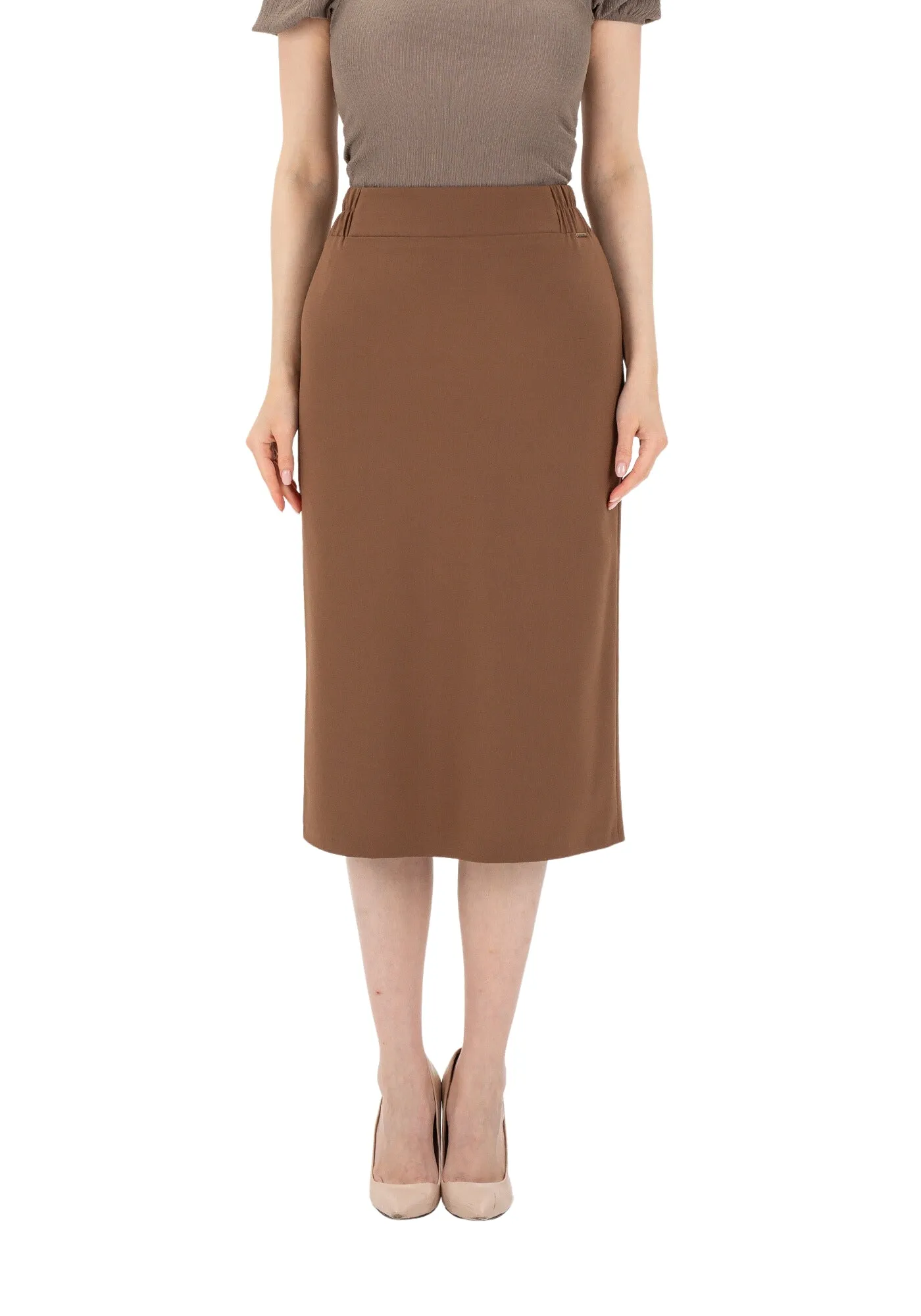 Midi Pencil Skirt with Elastic Waist and Closed Back Vent