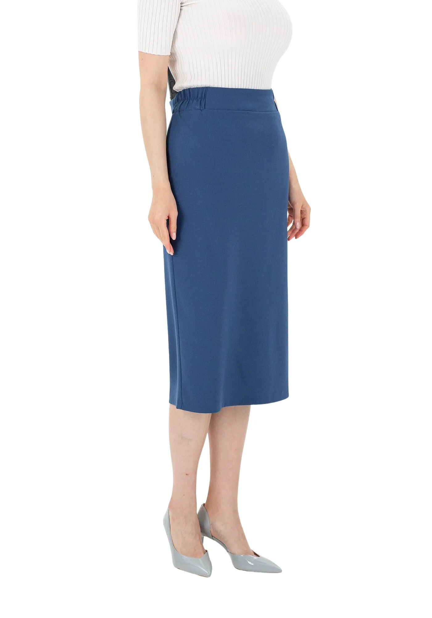 Midi Pencil Skirt with Elastic Waist and Closed Back Vent