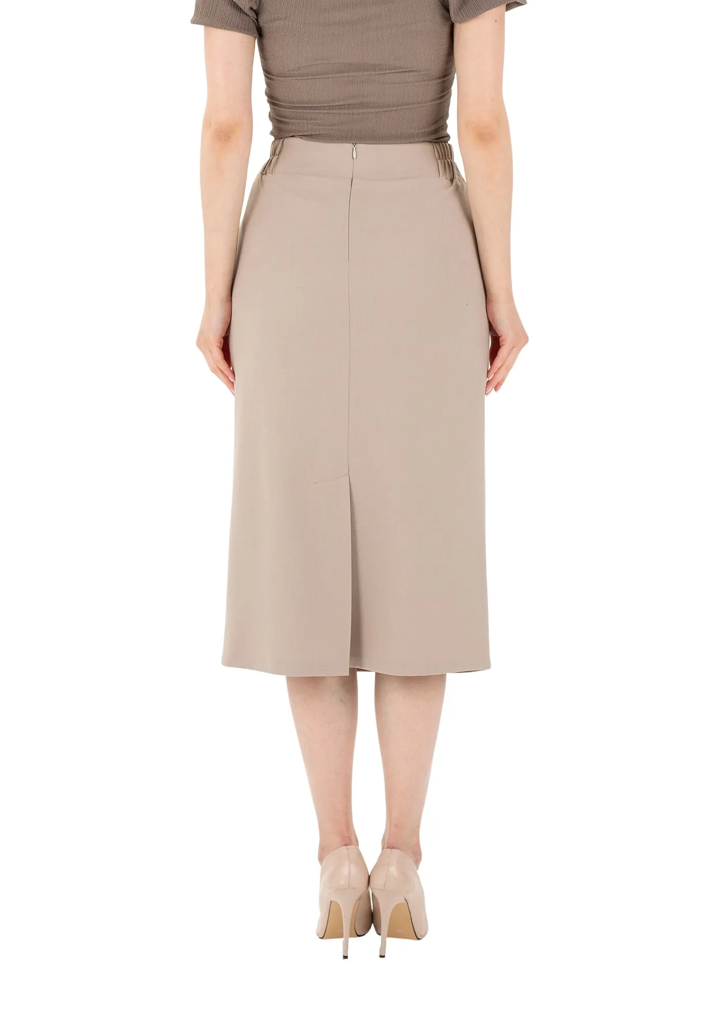 Midi Pencil Skirt with Elastic Waist and Closed Back Vent