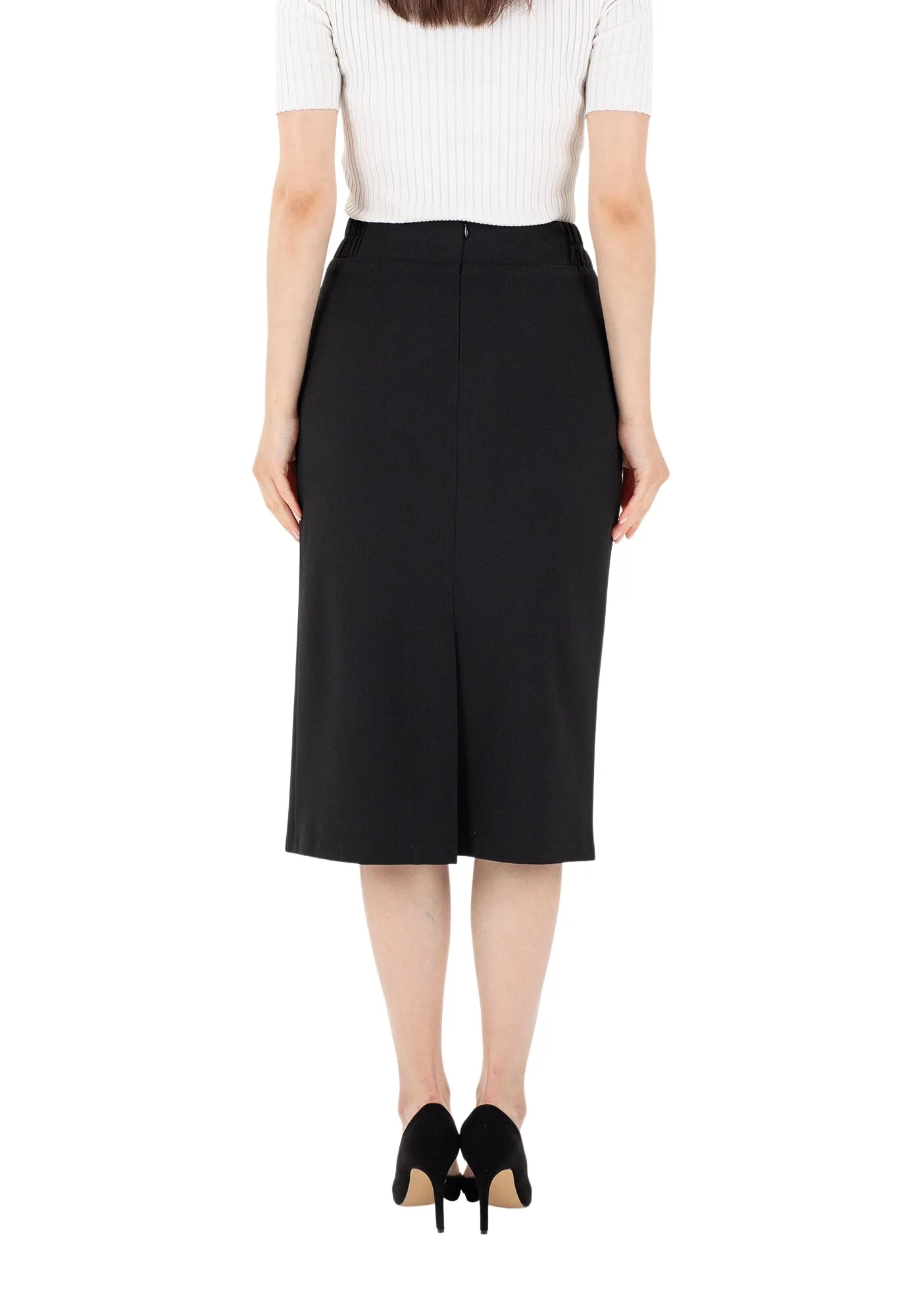 Midi Pencil Skirt with Elastic Waist and Closed Back Vent