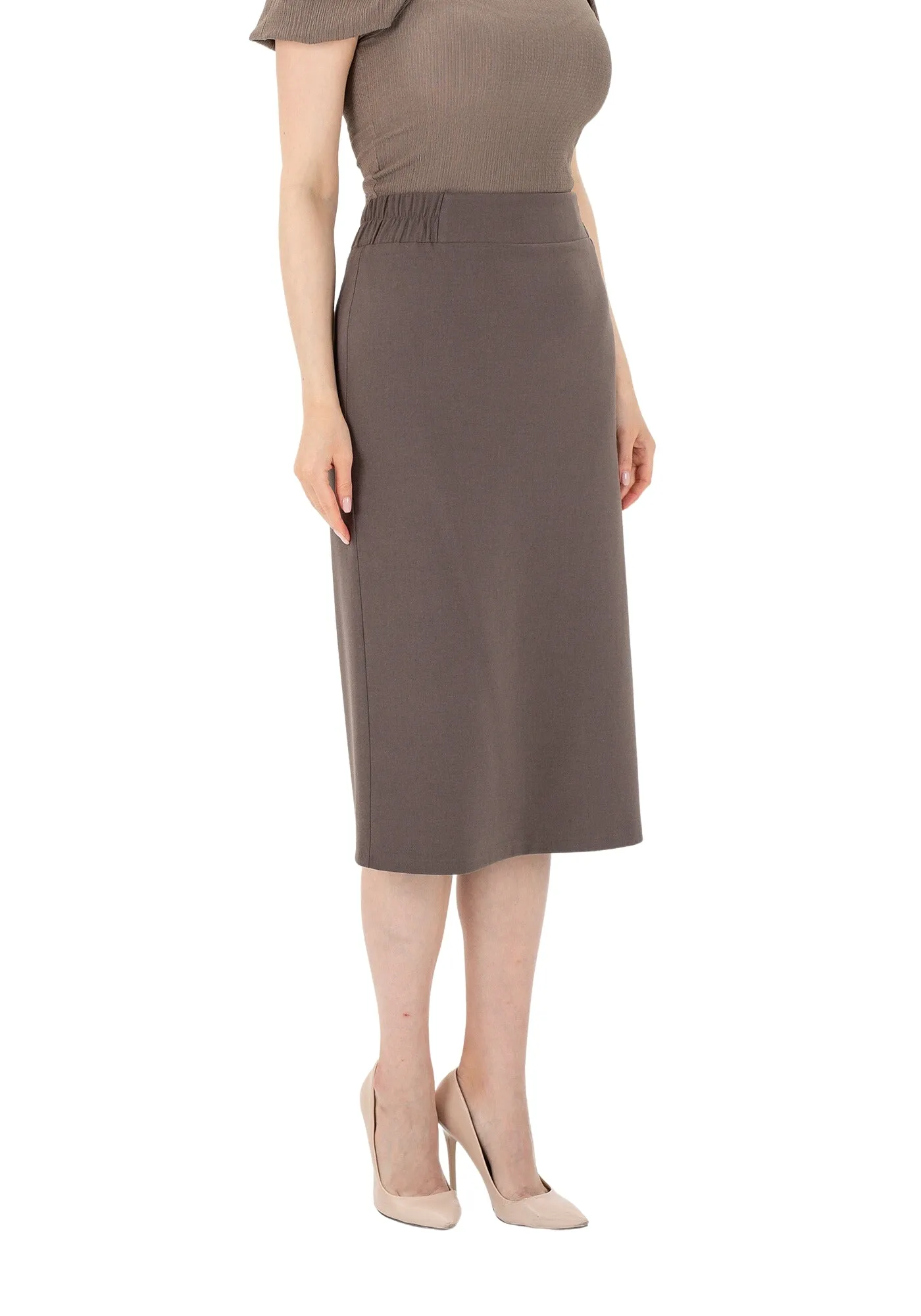 Midi Pencil Skirt with Elastic Waist and Closed Back Vent