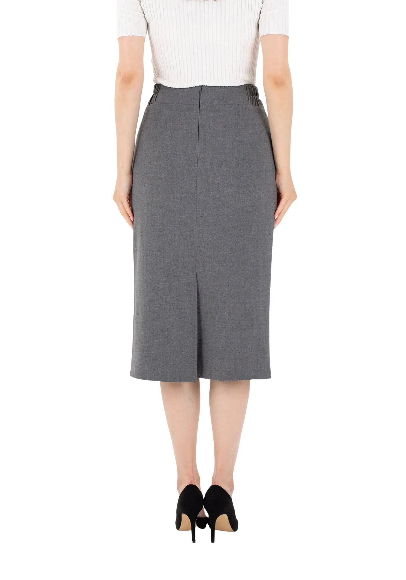 Midi Pencil Skirt with Elastic Waist and Closed Back Vent