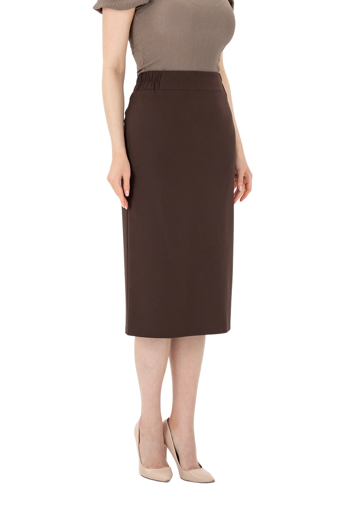 Midi Pencil Skirt with Elastic Waist and Closed Back Vent