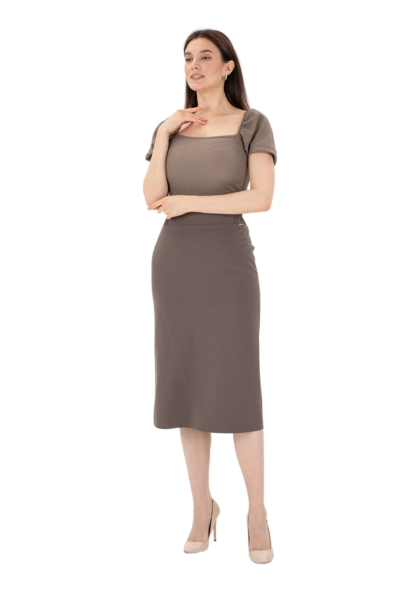 Midi Pencil Skirt with Elastic Waist and Closed Back Vent