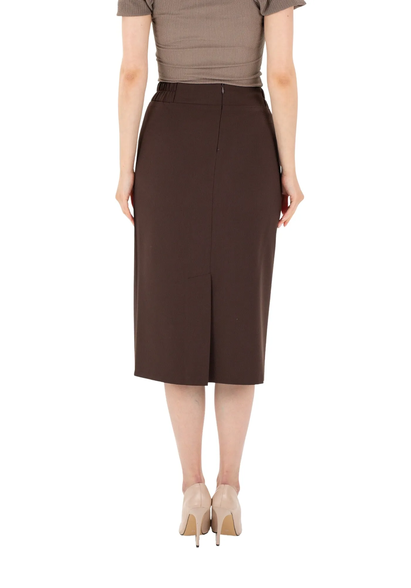 Midi Pencil Skirt with Elastic Waist and Closed Back Vent