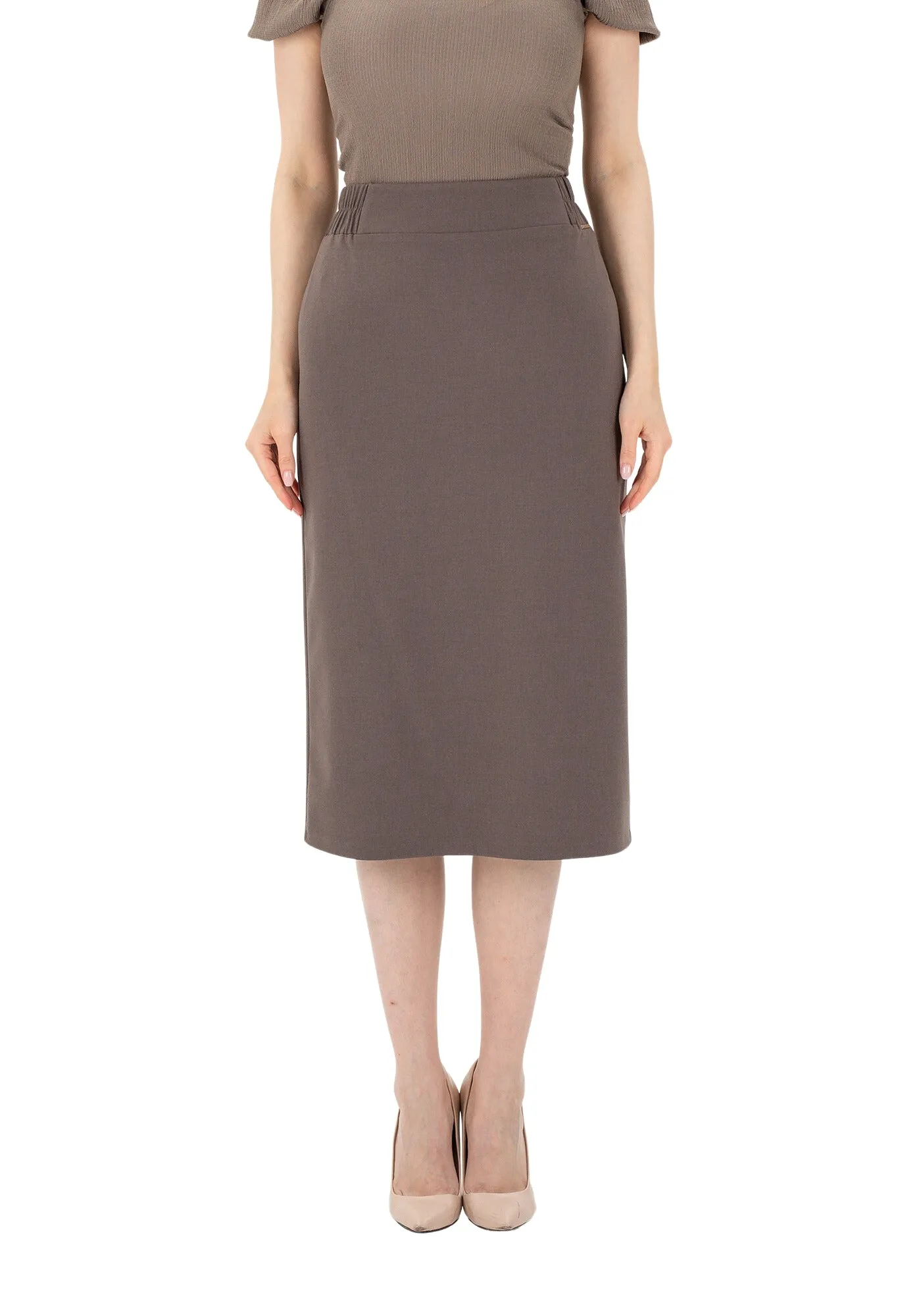 Midi Pencil Skirt with Elastic Waist and Closed Back Vent