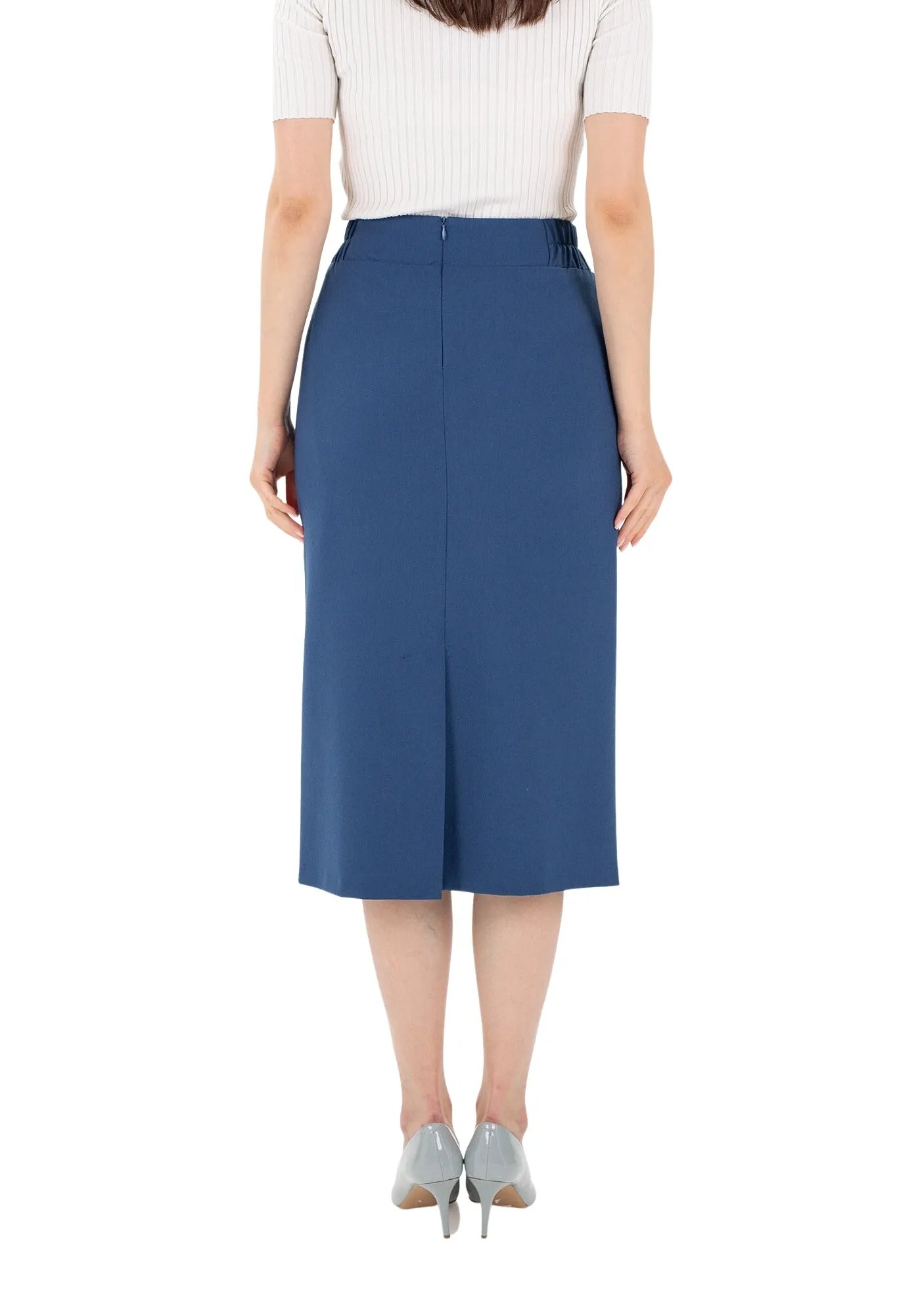 Midi Pencil Skirt with Elastic Waist and Closed Back Vent