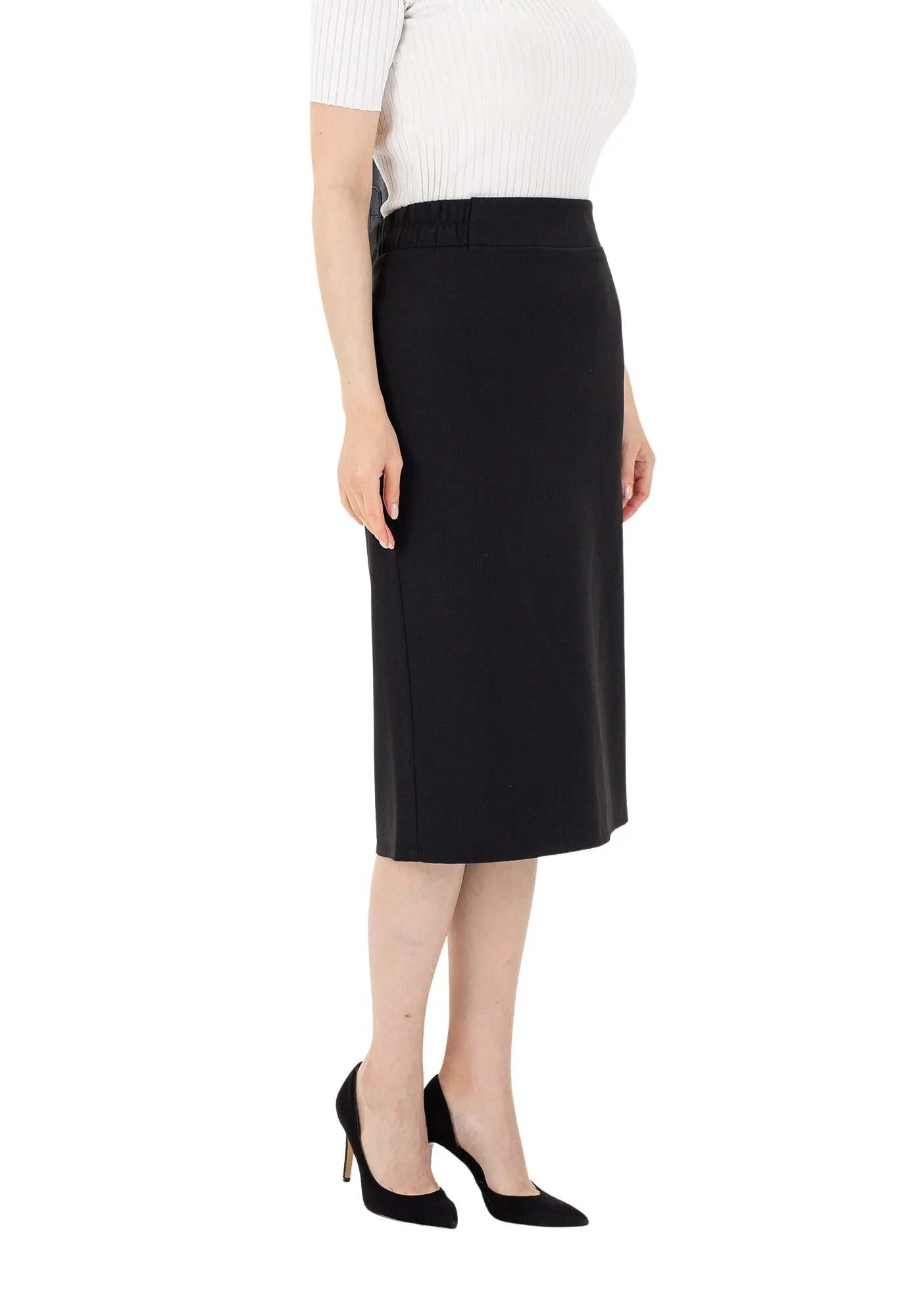 Midi Pencil Skirt with Elastic Waist and Closed Back Vent