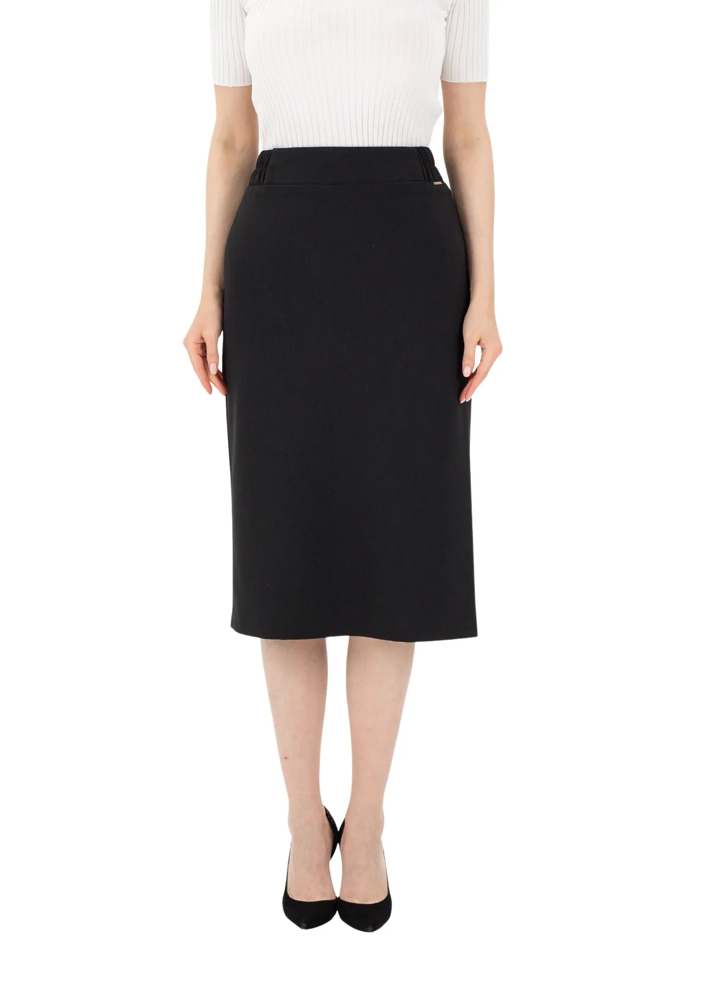 Midi Pencil Skirt with Elastic Waist and Closed Back Vent