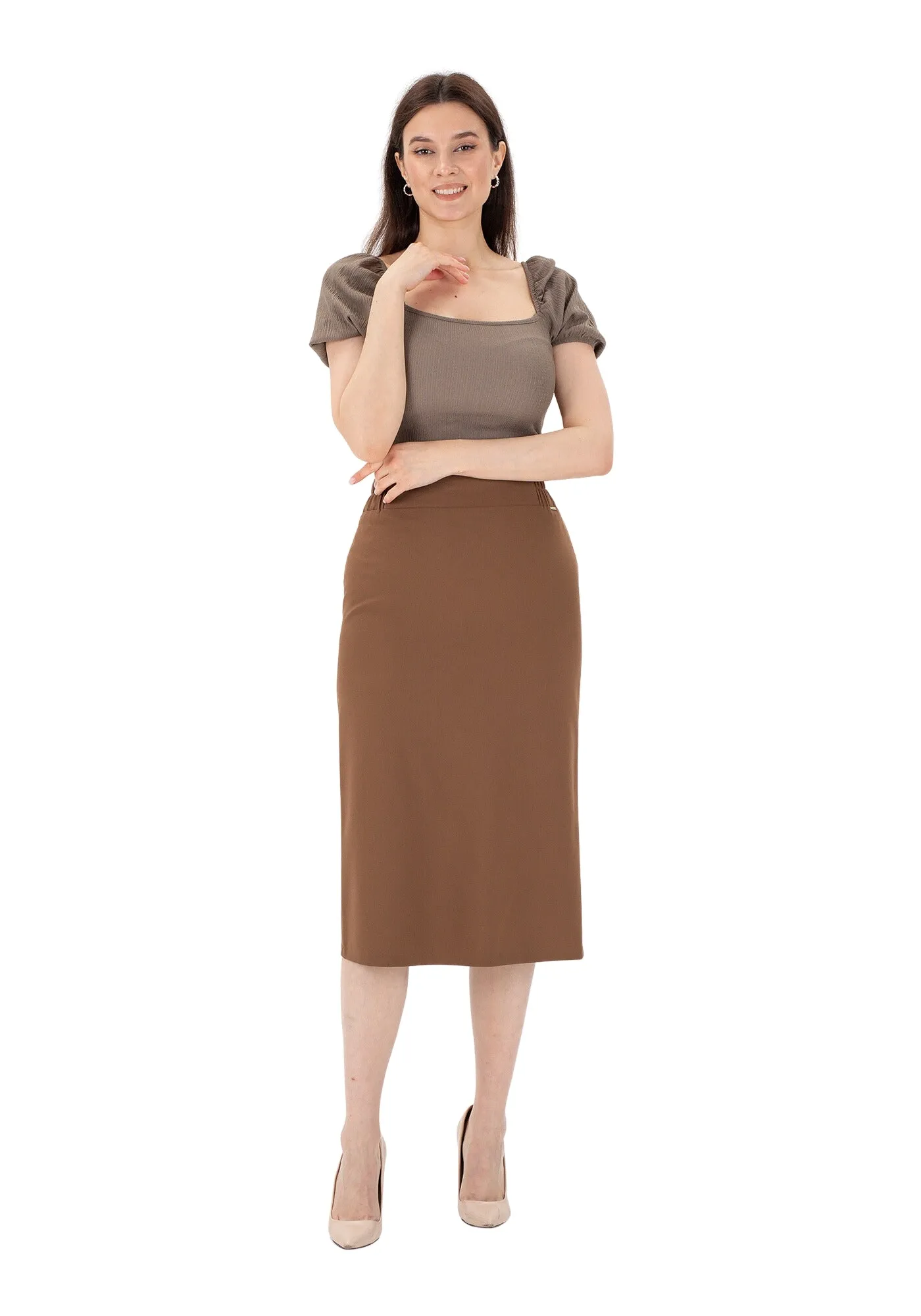 Midi Pencil Skirt with Elastic Waist and Closed Back Vent