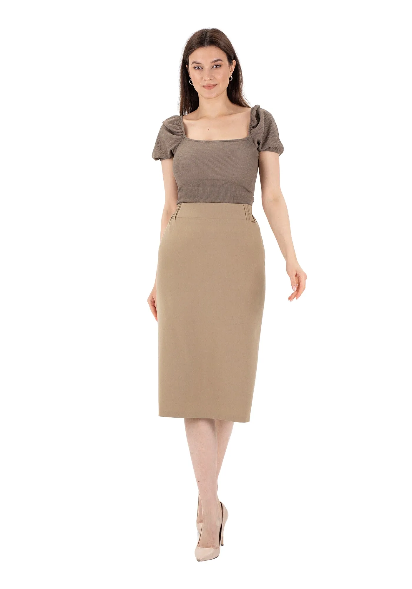 Midi Pencil Skirt with Elastic Waist and Closed Back Vent