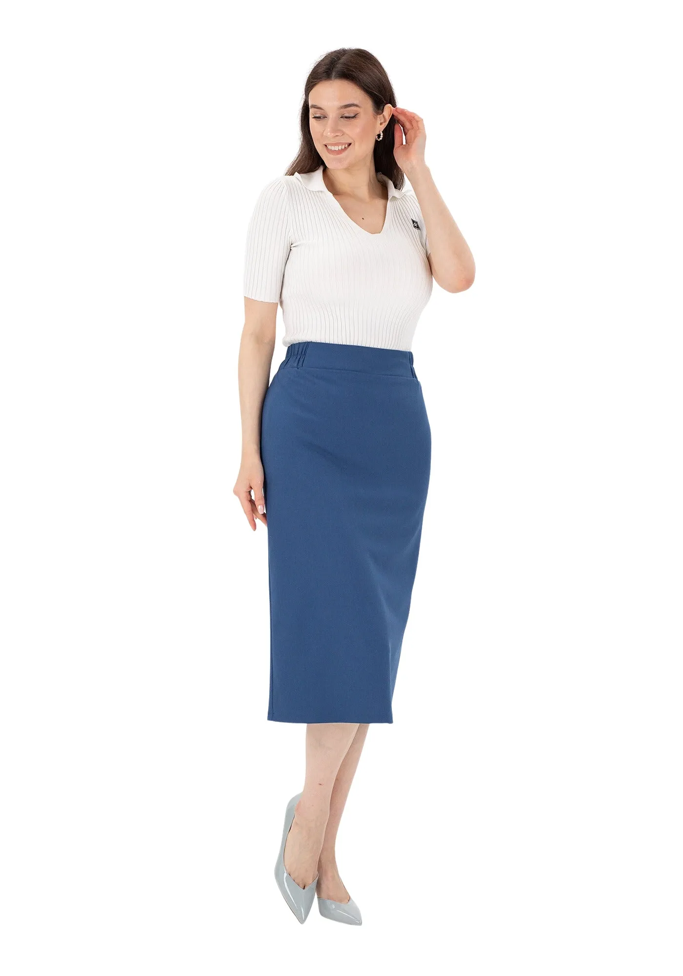 Midi Pencil Skirt with Elastic Waist and Closed Back Vent