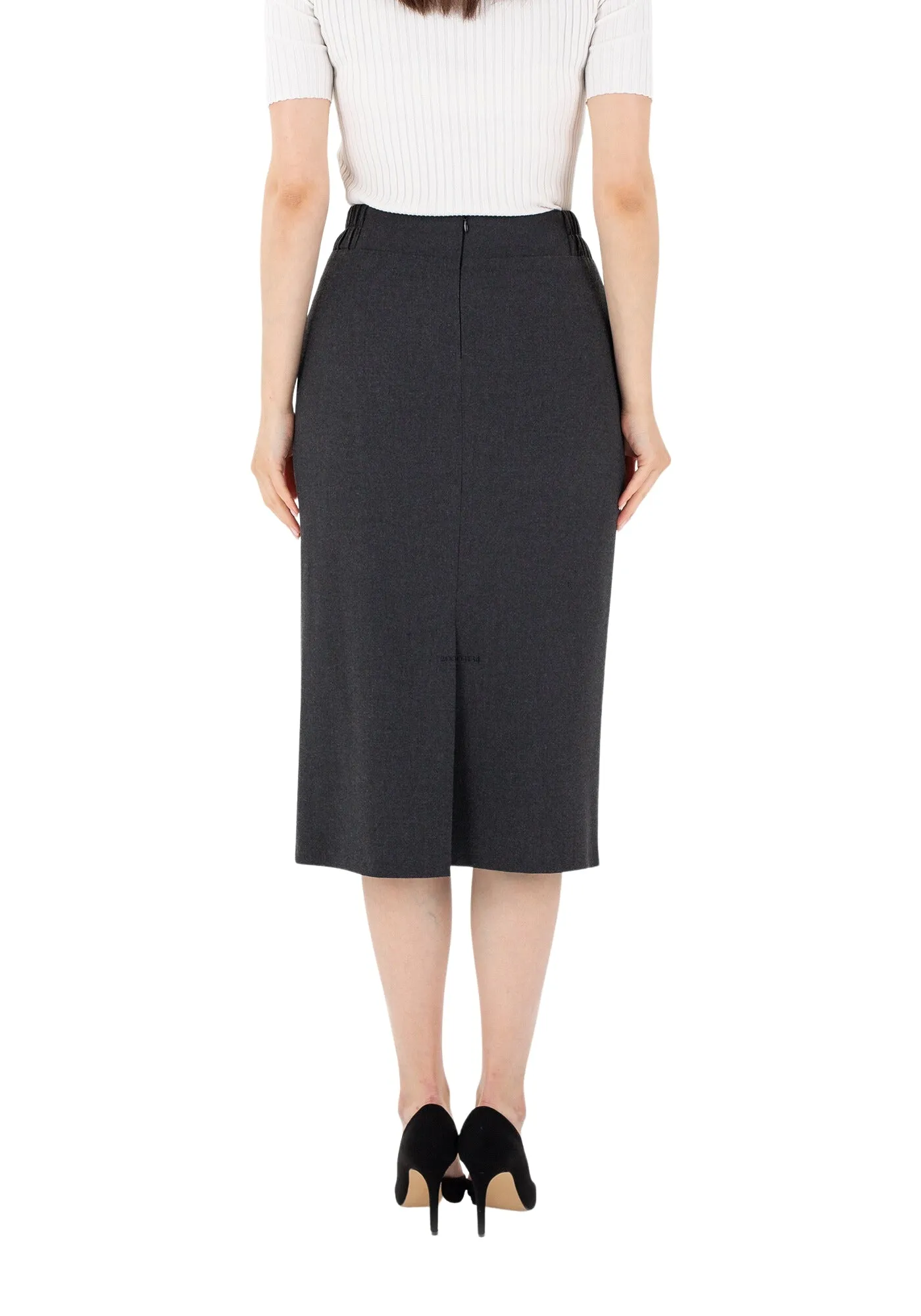 Midi Pencil Skirt with Elastic Waist and Closed Back Vent