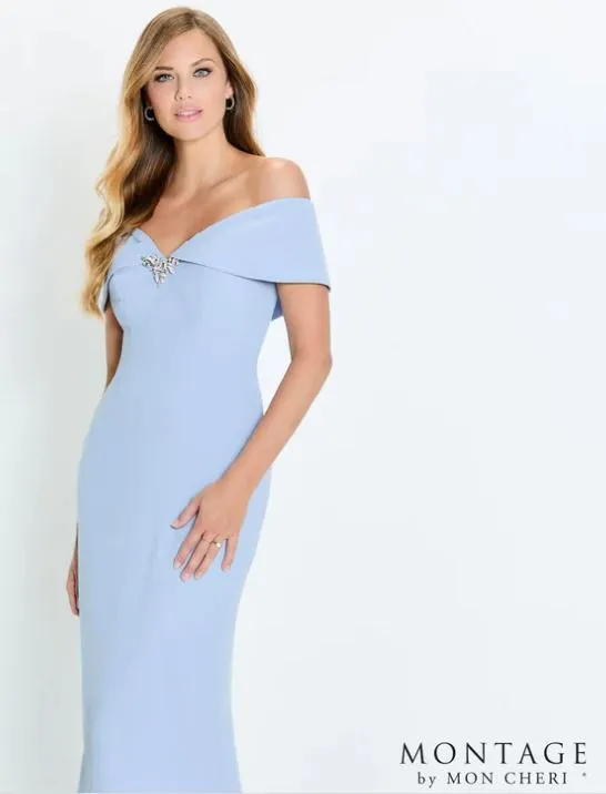 Montage 120905 Off-The-Shoulder Crepe Fit and Flare Gown