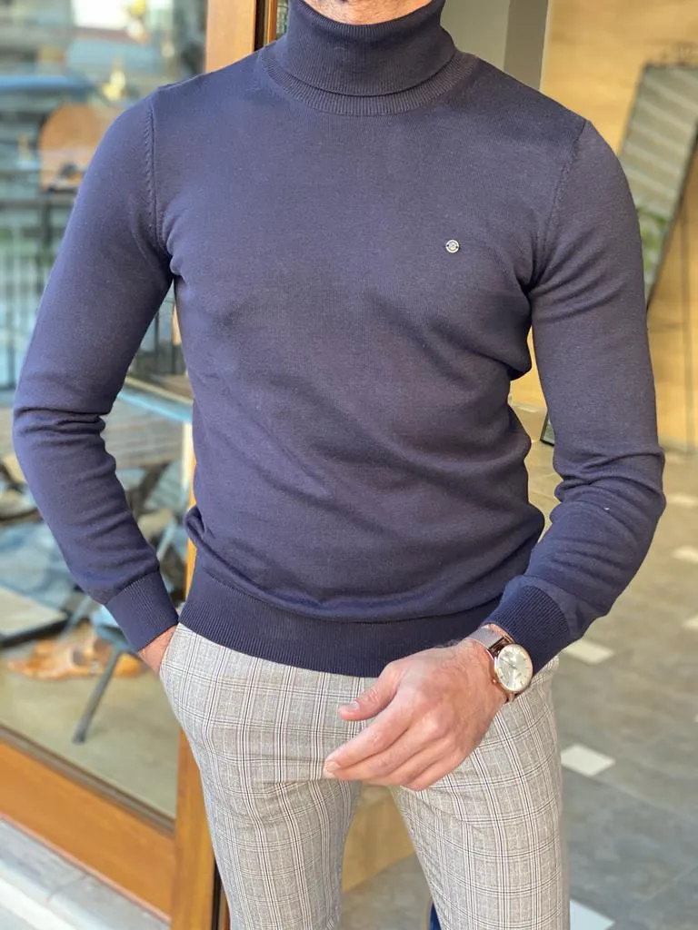 Navy Blue Slim Fit Turtleneck Sweater for Men by GentWith.com