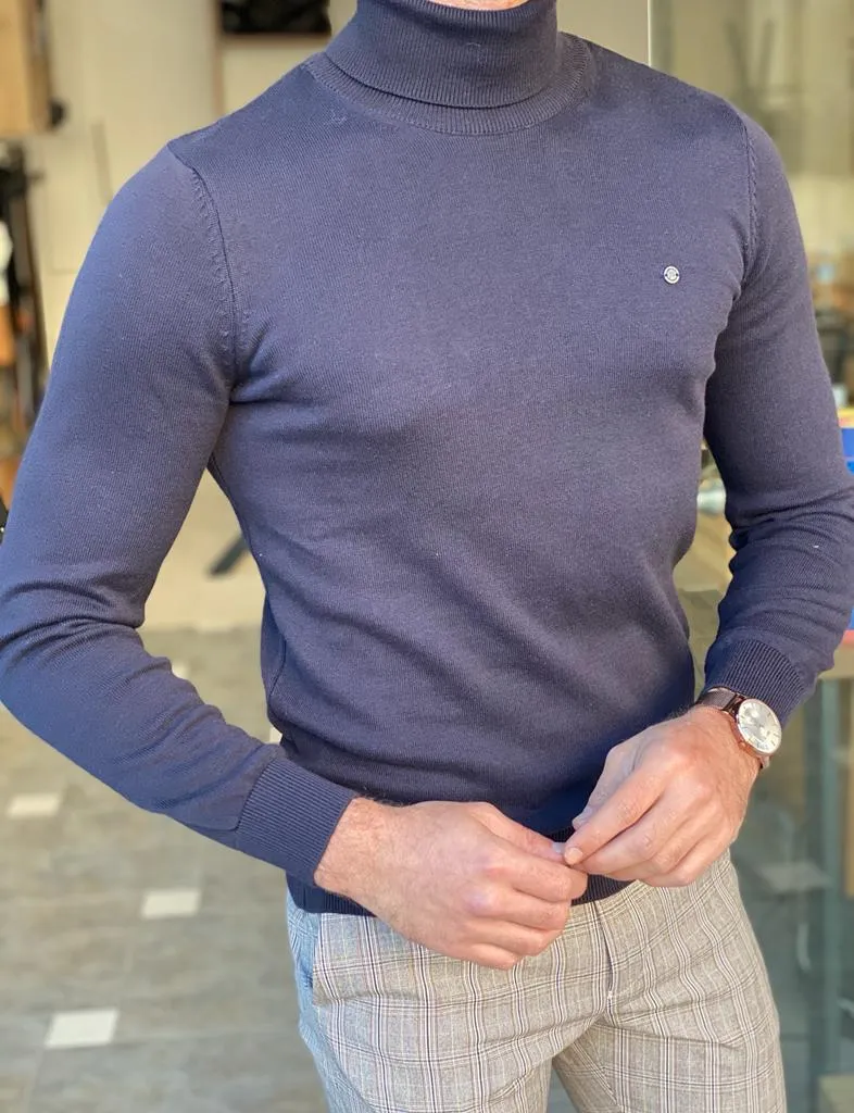 Navy Blue Slim Fit Turtleneck Sweater for Men by GentWith.com