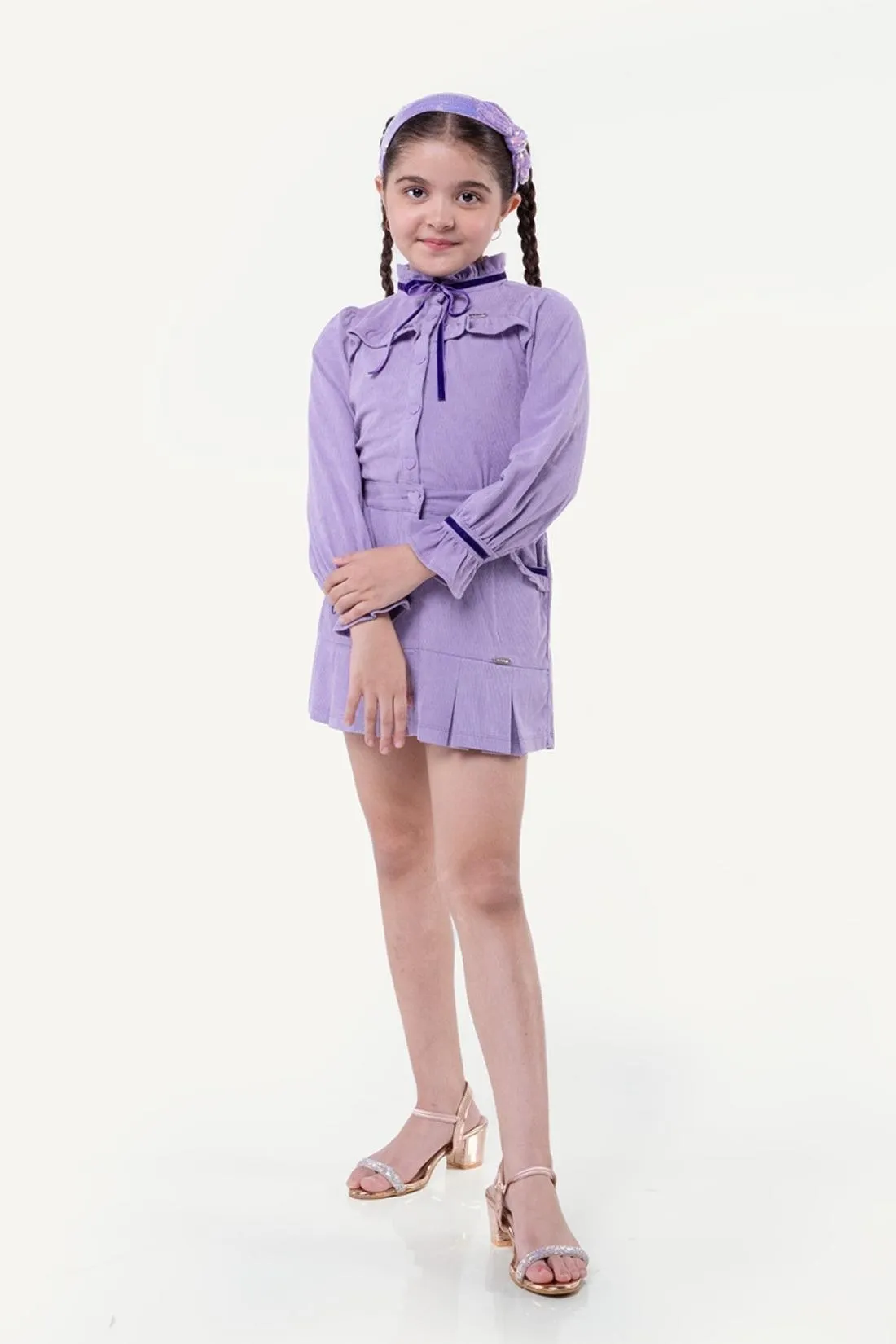 One Friday Varsity Chic Lilac Corduroy Mini Skirt with Pleated Frills