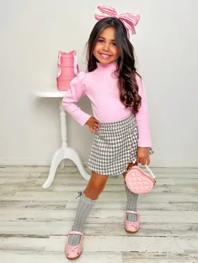 OOTD-Ready Pink Turtleneck Top and Houndstooth Skort Set