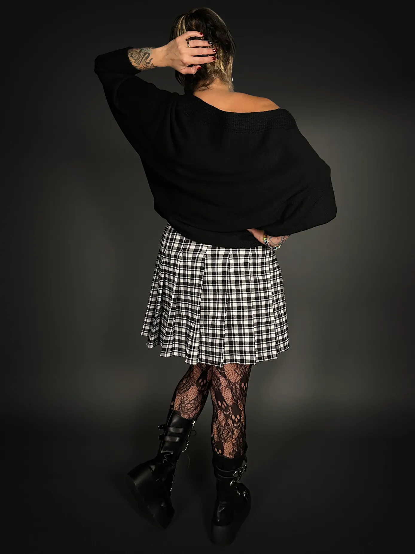 Outfit Set - Plaid Skirt with Black Front Straps & Oversized Dolman Batwing Sleeve Sweater