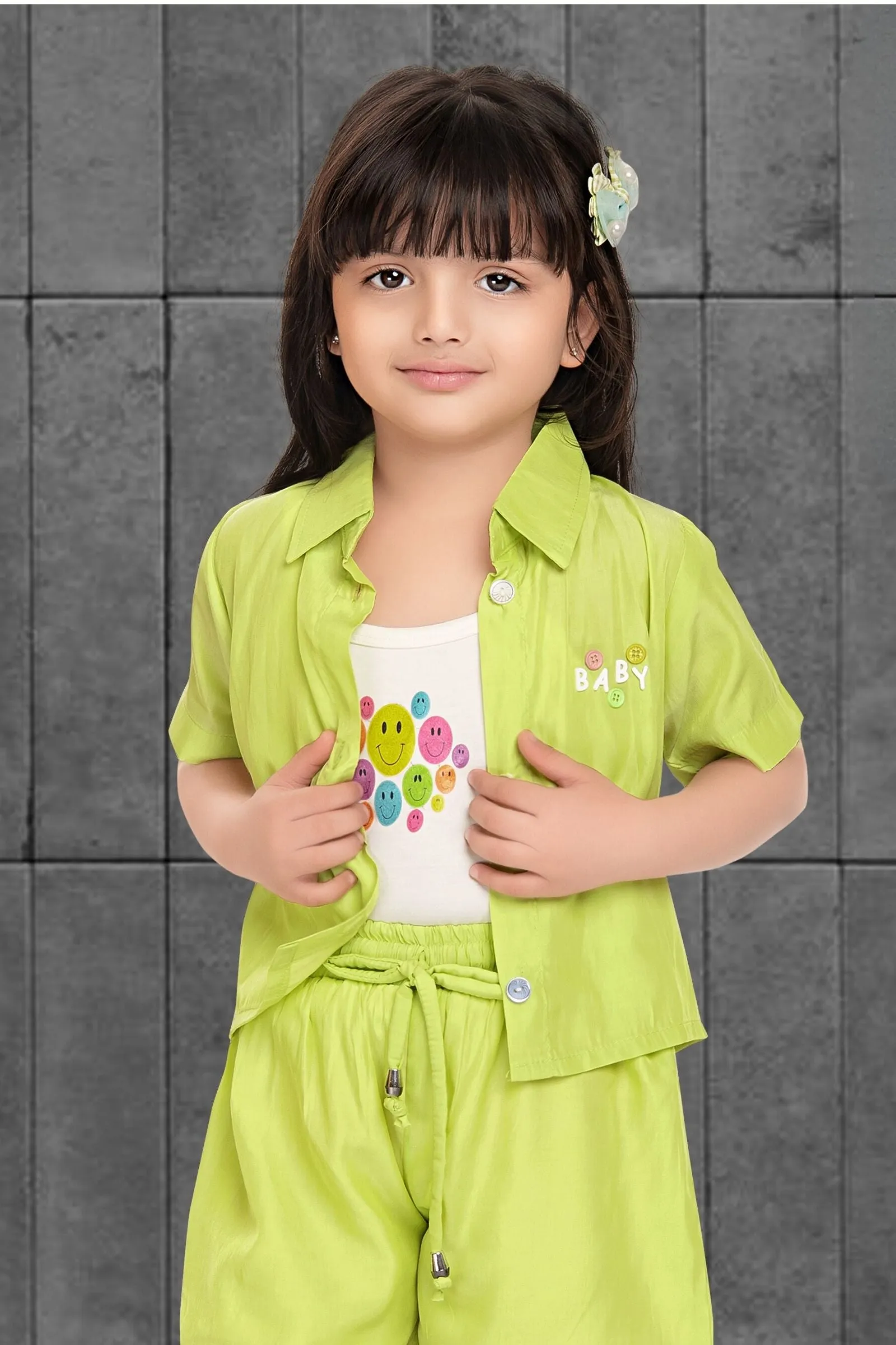 Parrot Green with White Overcoat Styed Printed Top and Shorts For Girls