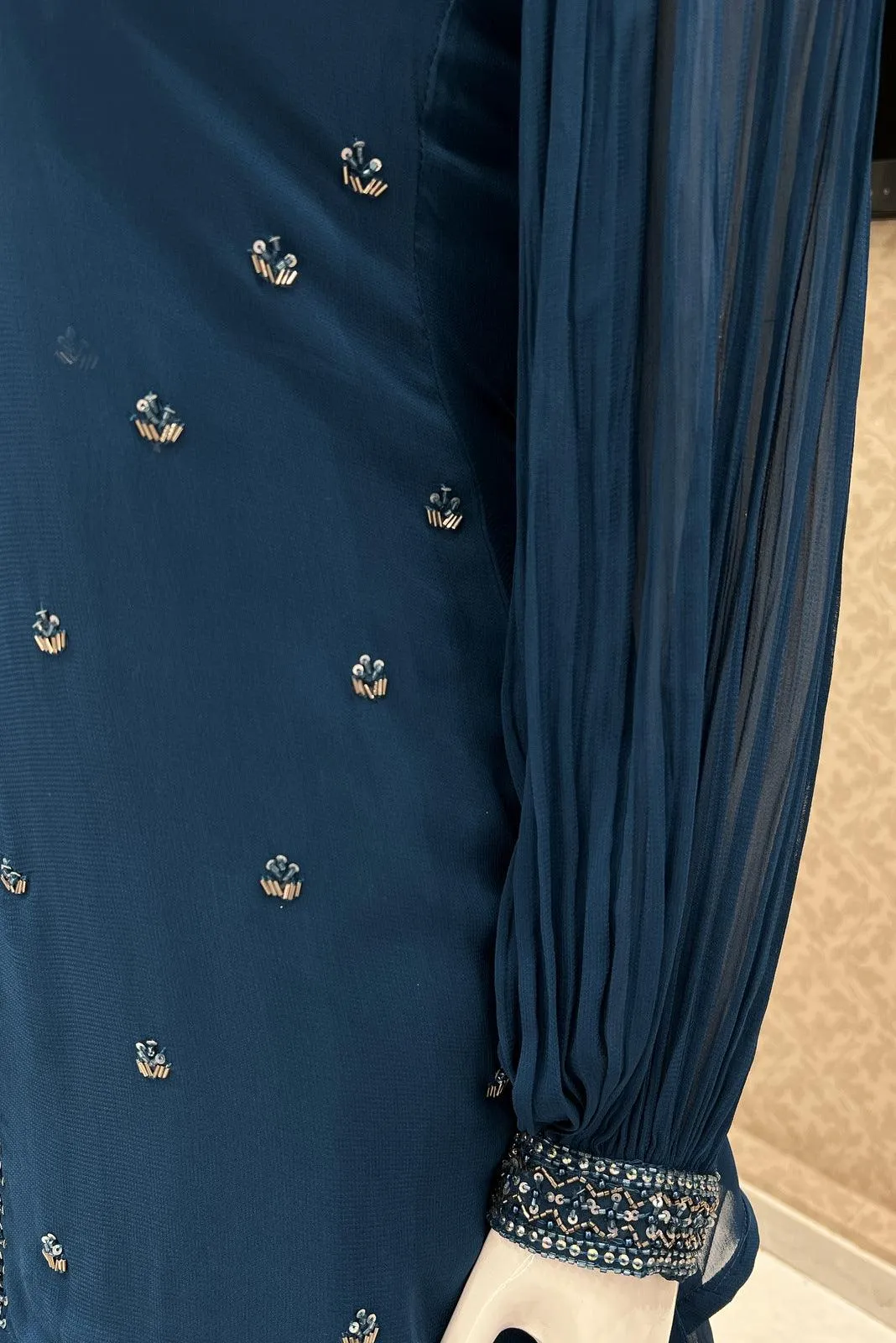 Peacock Blue Beads and Sequins work Overcoat Styled Floor Length Anarkali Suit