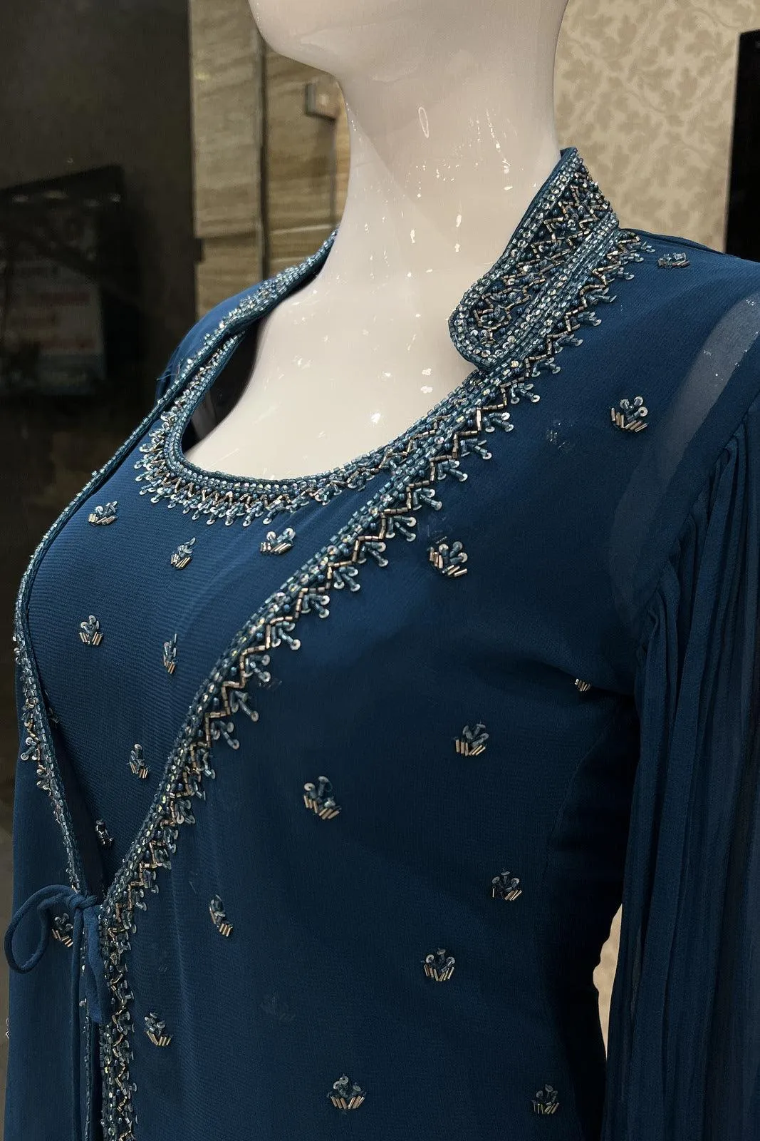 Peacock Blue Beads and Sequins work Overcoat Styled Floor Length Anarkali Suit