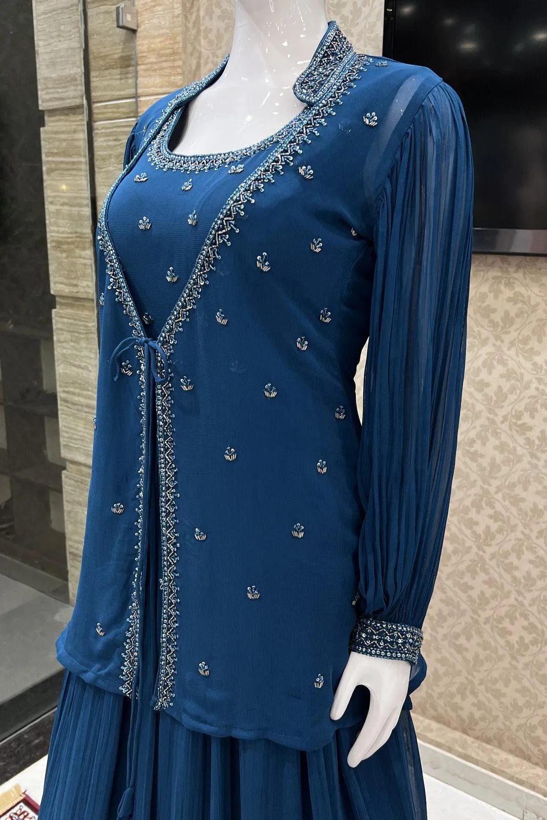 Peacock Blue Beads and Sequins work Overcoat Styled Floor Length Anarkali Suit