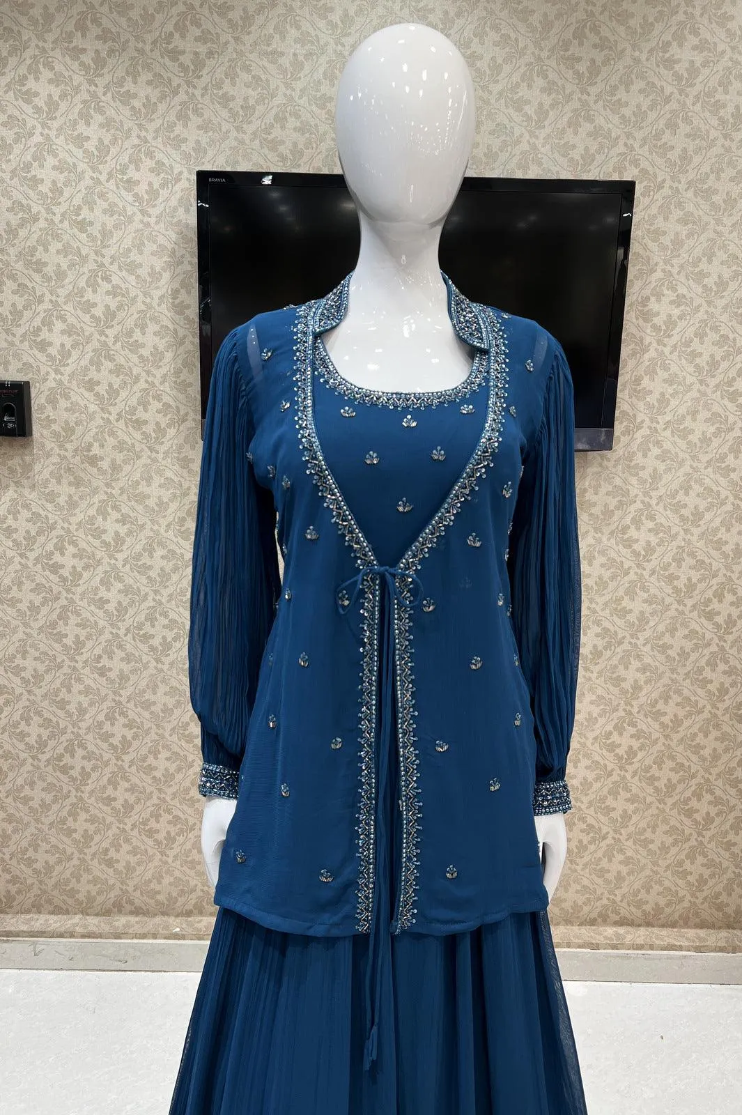 Peacock Blue Beads and Sequins work Overcoat Styled Floor Length Anarkali Suit