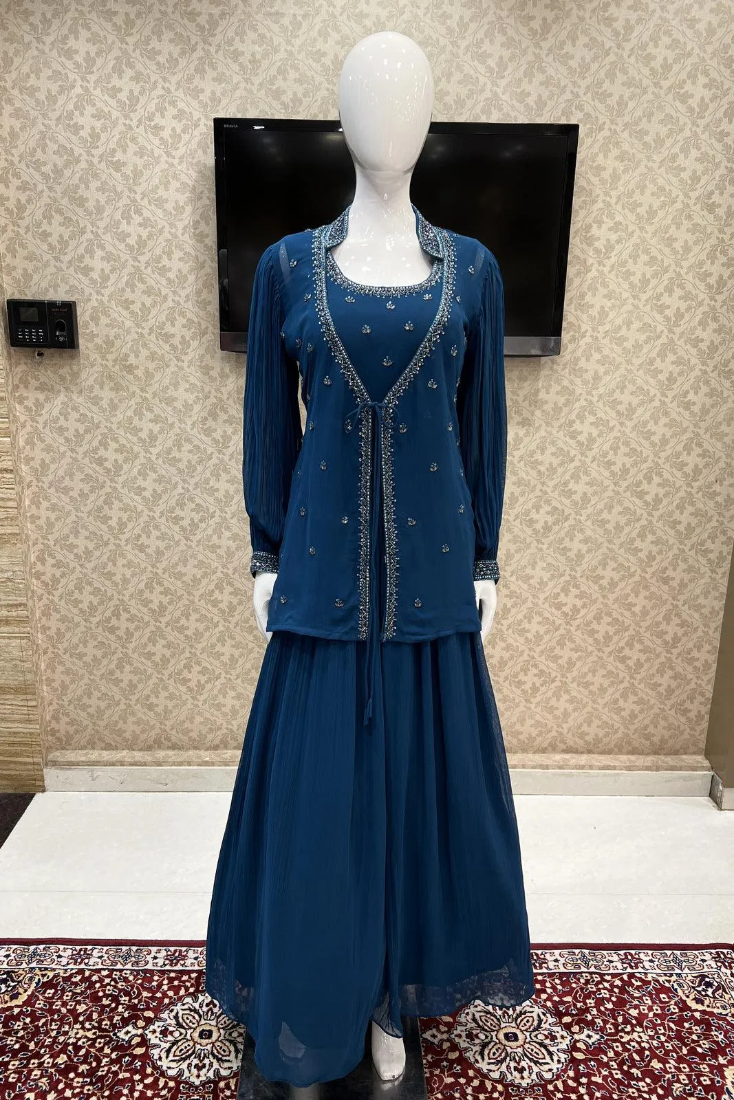 Peacock Blue Beads and Sequins work Overcoat Styled Floor Length Anarkali Suit