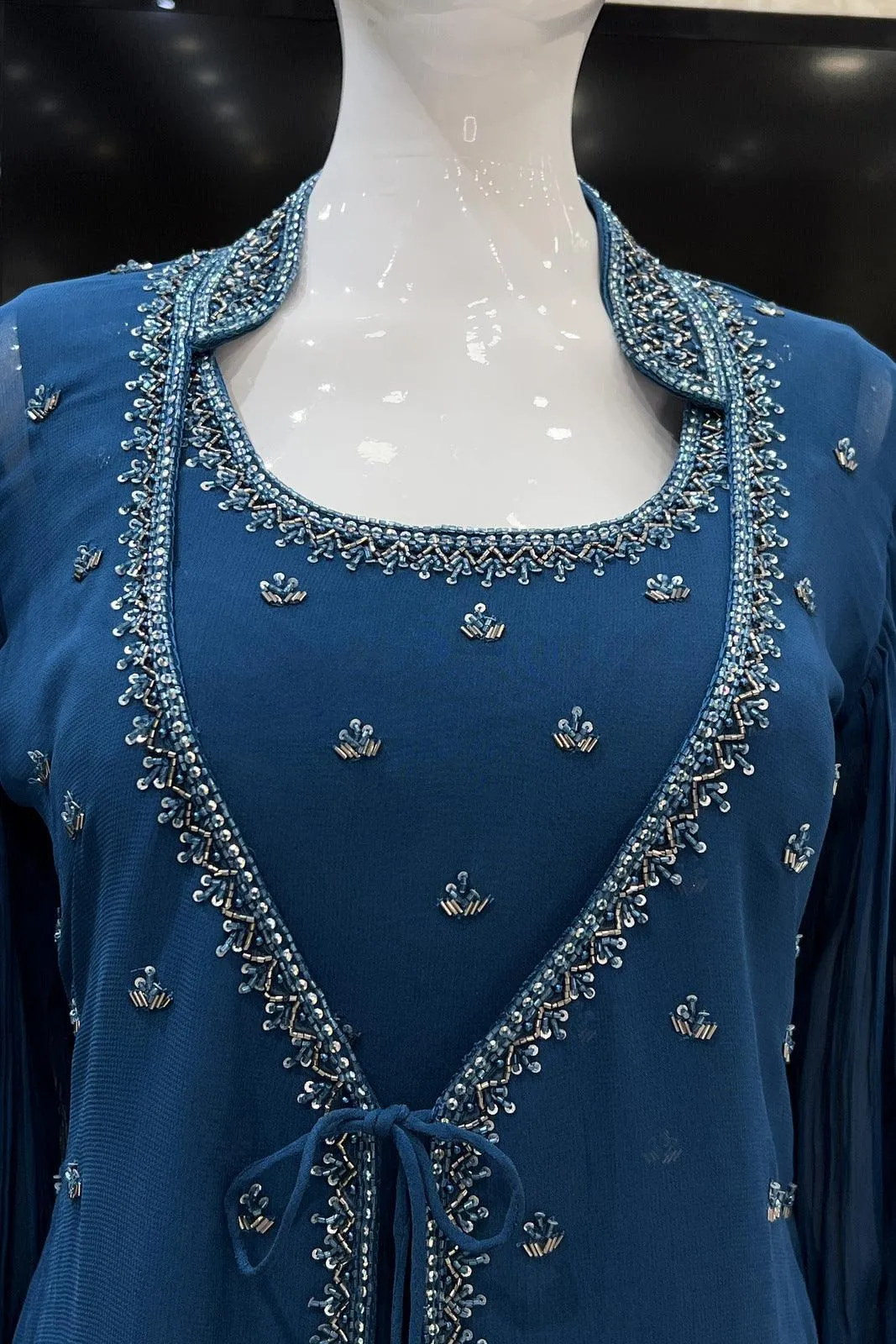 Peacock Blue Beads and Sequins work Overcoat Styled Floor Length Anarkali Suit