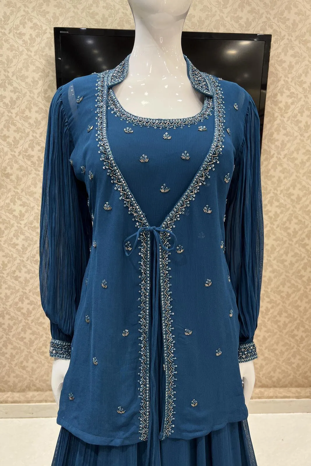 Peacock Blue Beads and Sequins work Overcoat Styled Floor Length Anarkali Suit