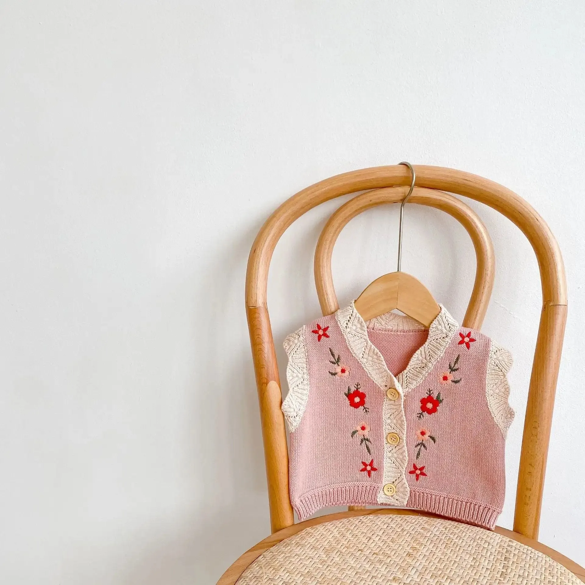 Pink Floral Knitted Button-Up Sweater Vest