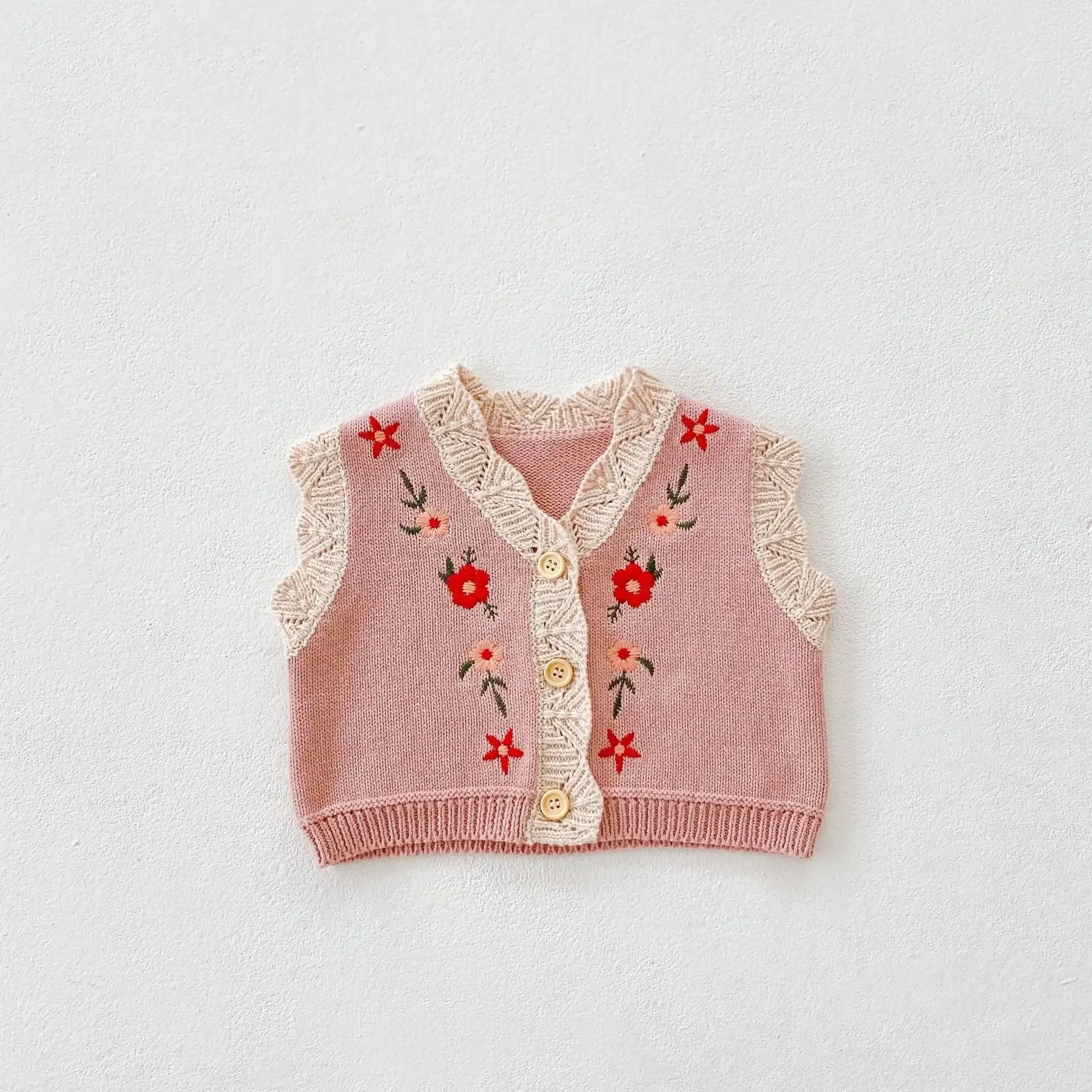 Pink Floral Knitted Button-Up Sweater Vest