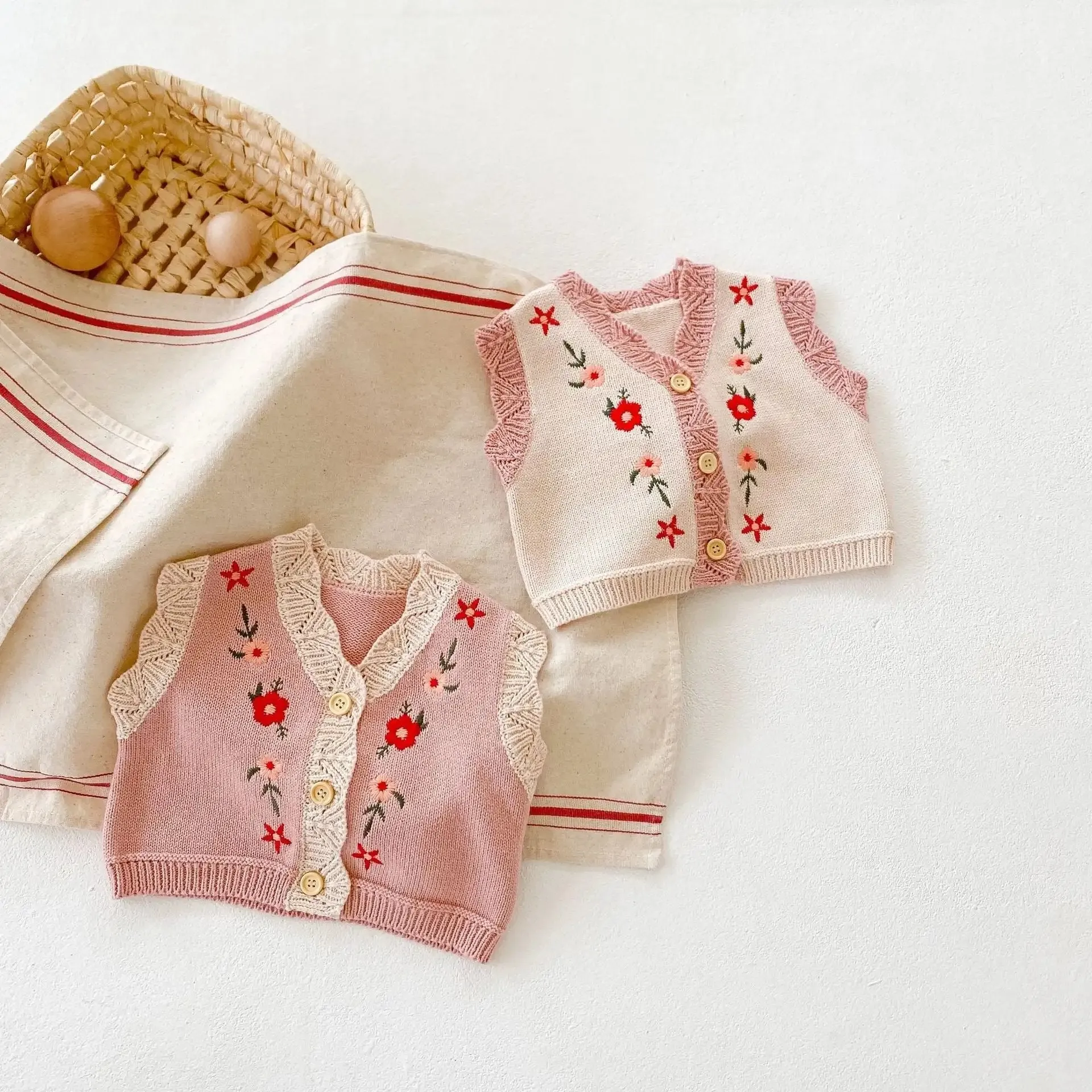 Pink Floral Knitted Button-Up Sweater Vest