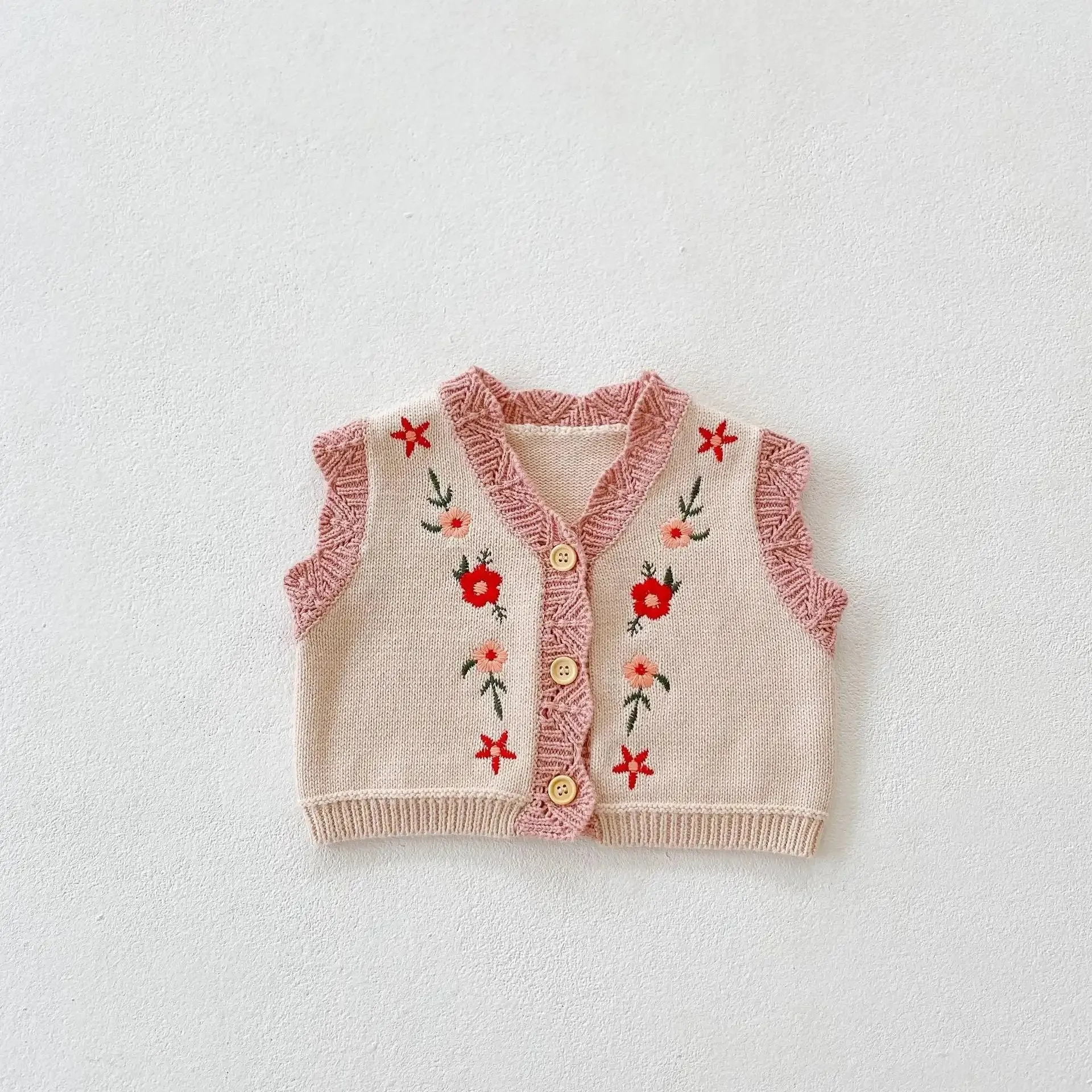 Pink Floral Knitted Button-Up Sweater Vest