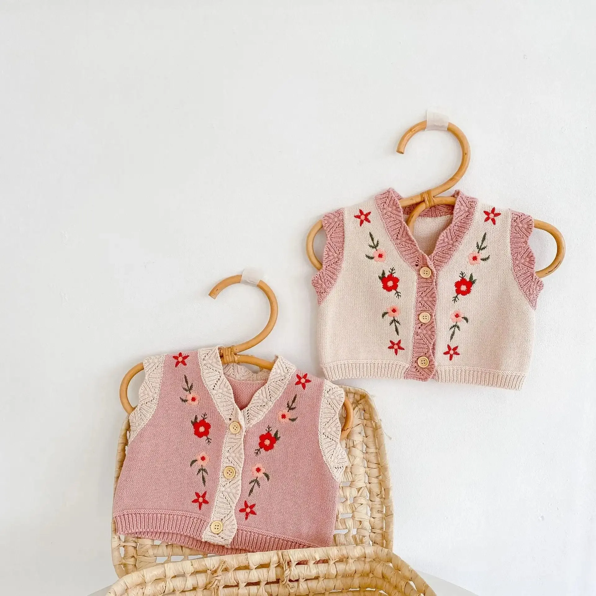 Pink Floral Knitted Button-Up Sweater Vest