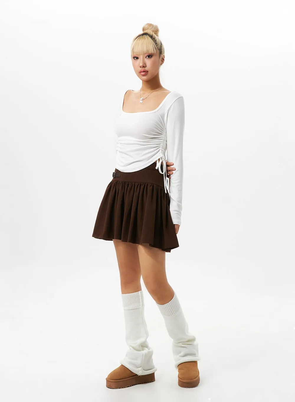 Pleated Corduroy Skirt with Buckle IO324