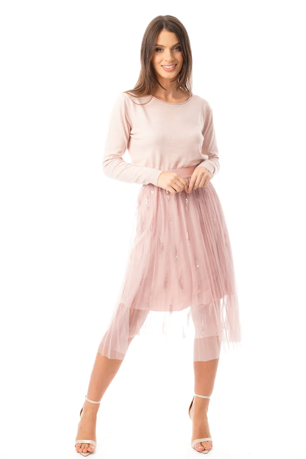 Pleated Mesh Midi Skirt with Feather Sequins