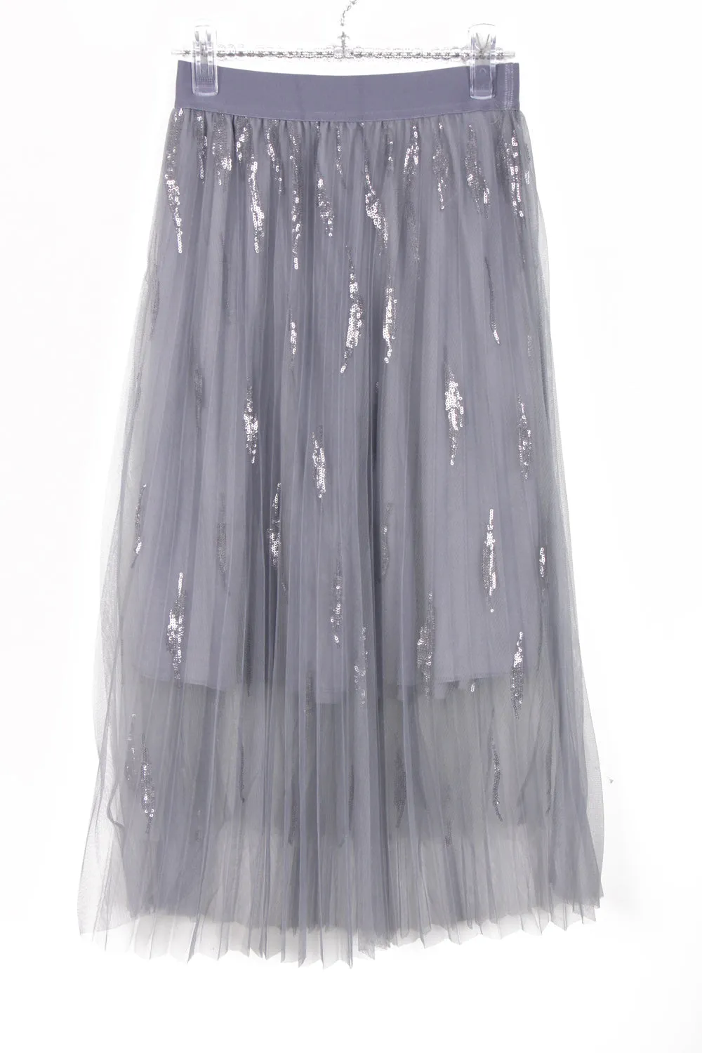 Pleated Mesh Midi Skirt with Feather Sequins