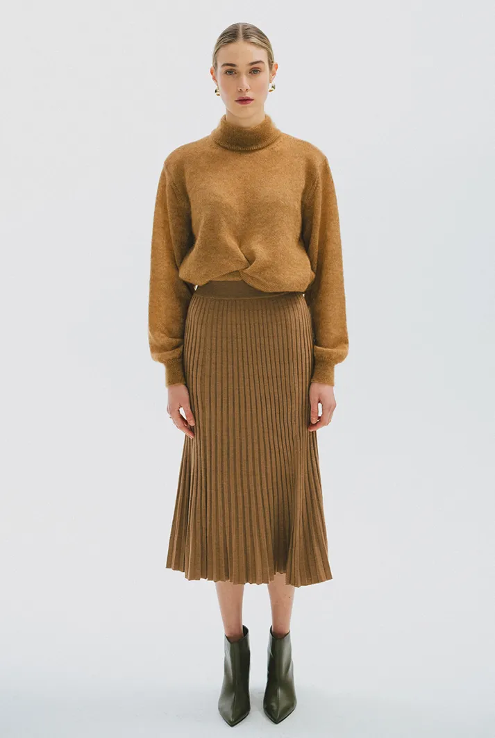 Pleated Wool Midi Skirt | Camel