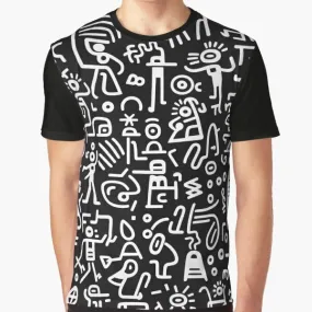 "Compass of Hope: Black and White Pattern Graphic T-Shirt with Keith Haring's Bold Style"