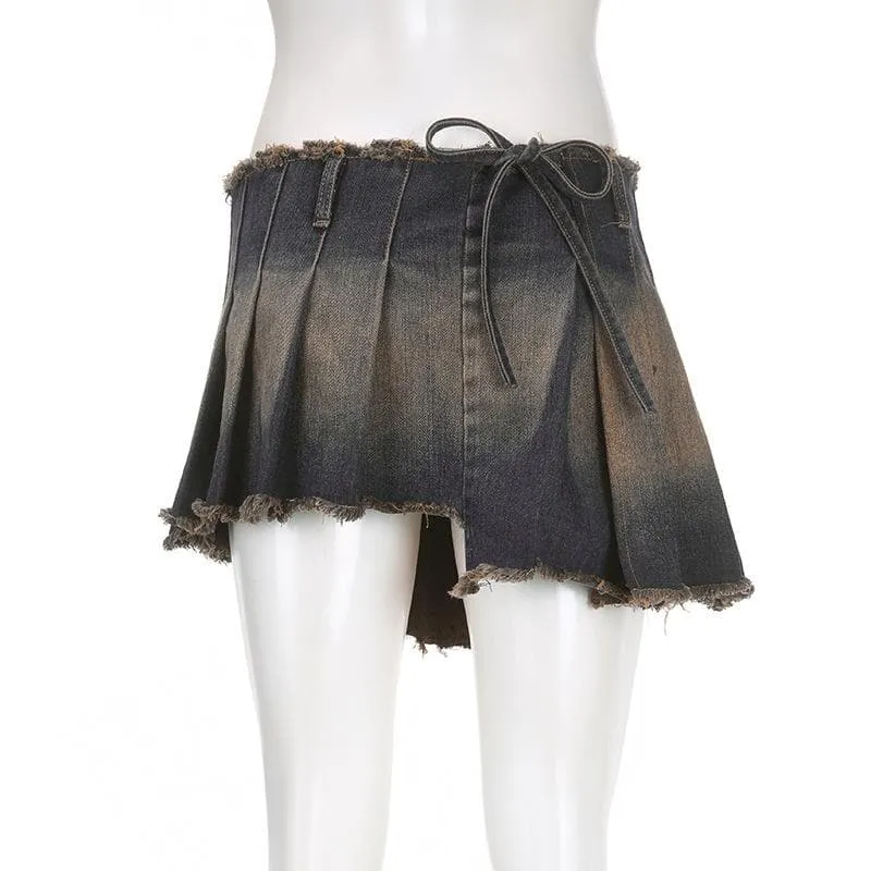 Raw hem pleated contrast self tie denim mini skirt