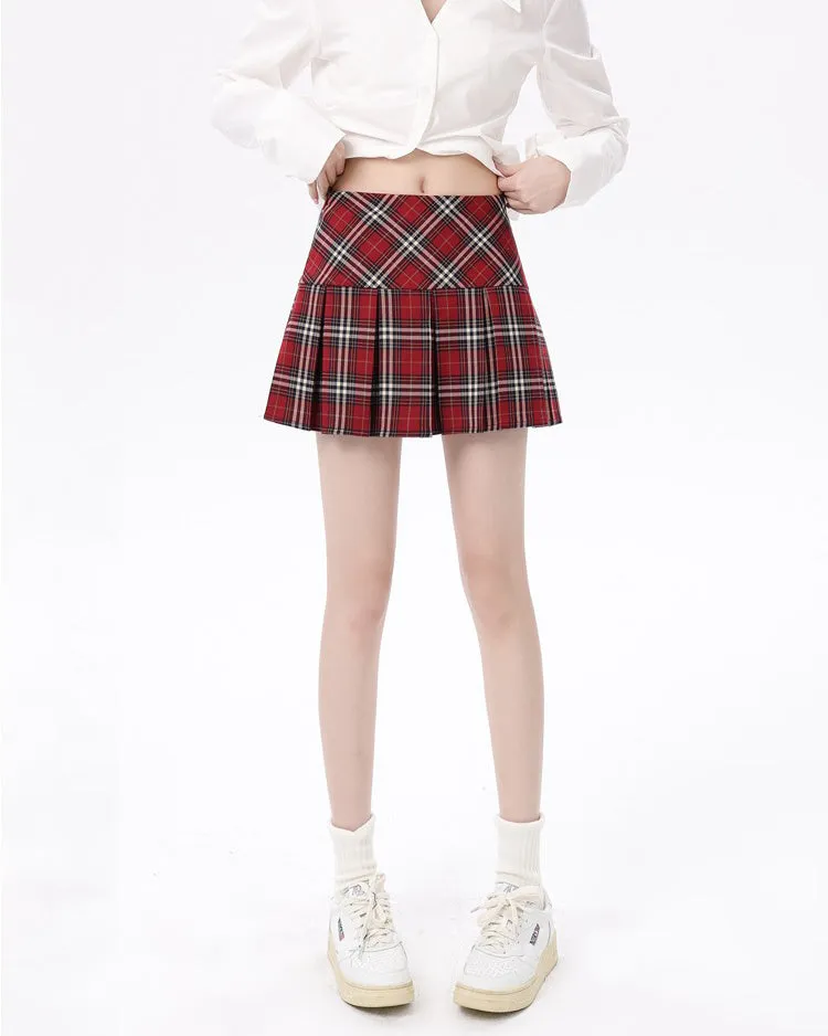 Red Plaid Grunge Pleated Skirt