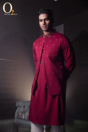 Red Zardozi handwork open long vest