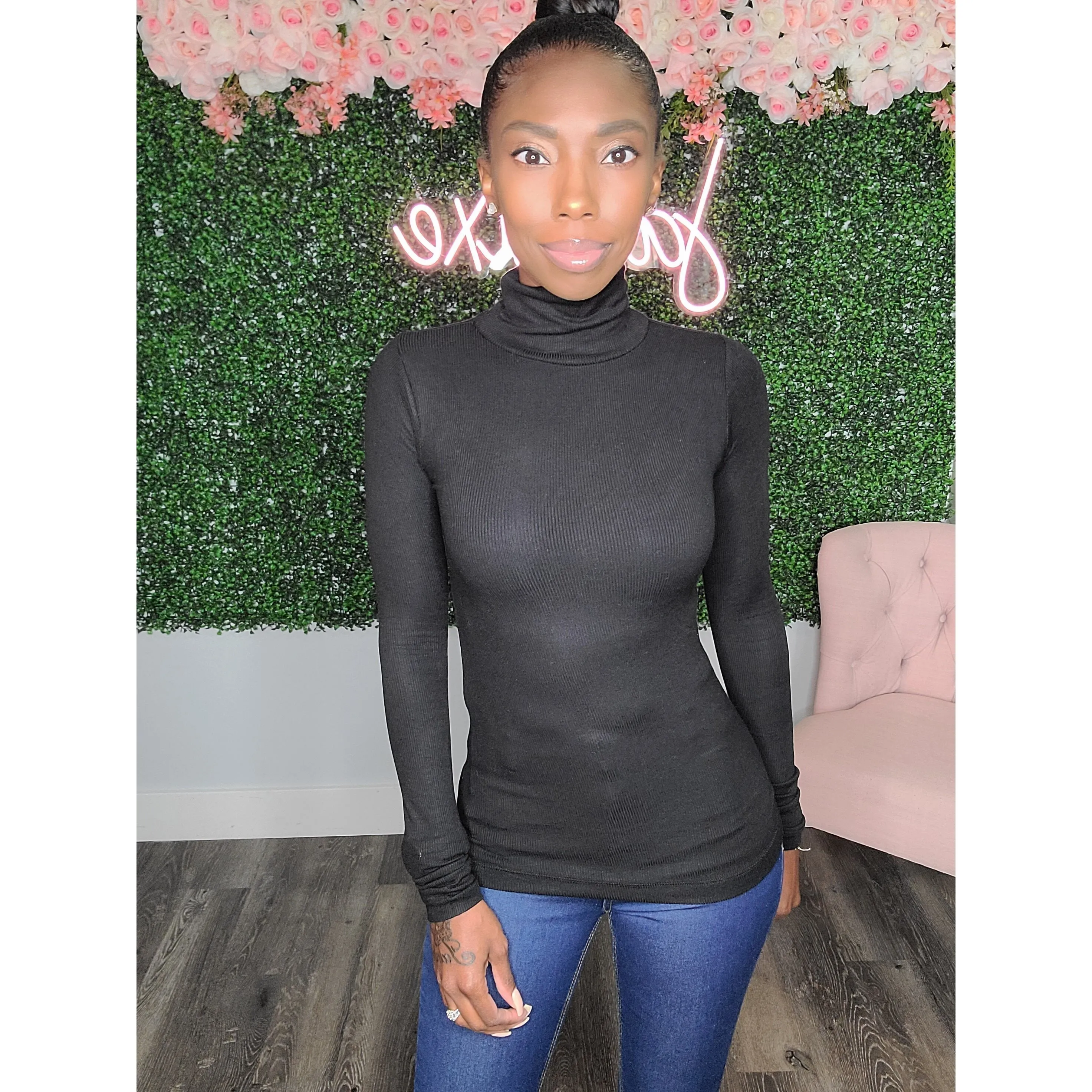 Ribbed Long Sleeve Turtleneck - Black