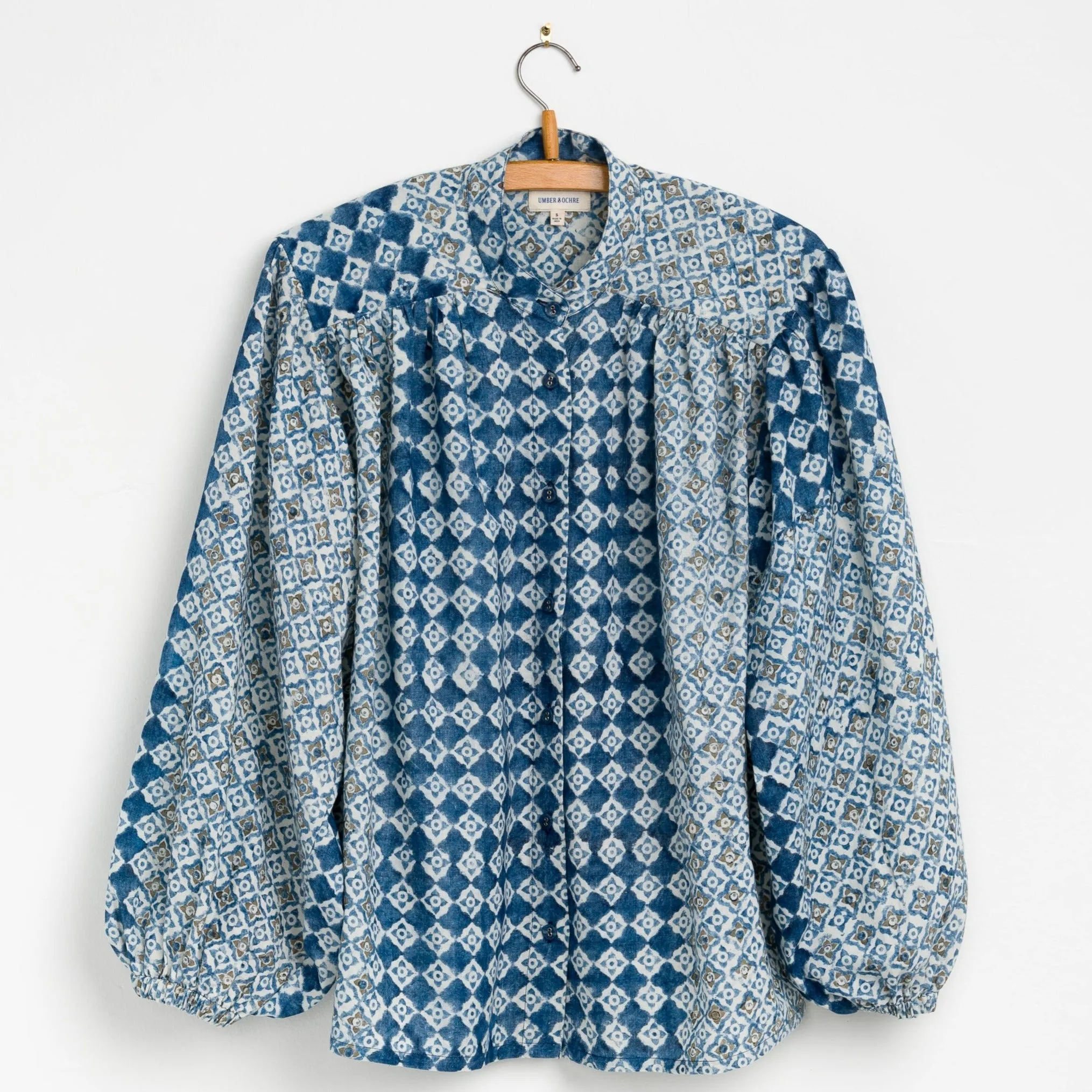 Sabrina Top in Engineered Tile Block Print Indigo