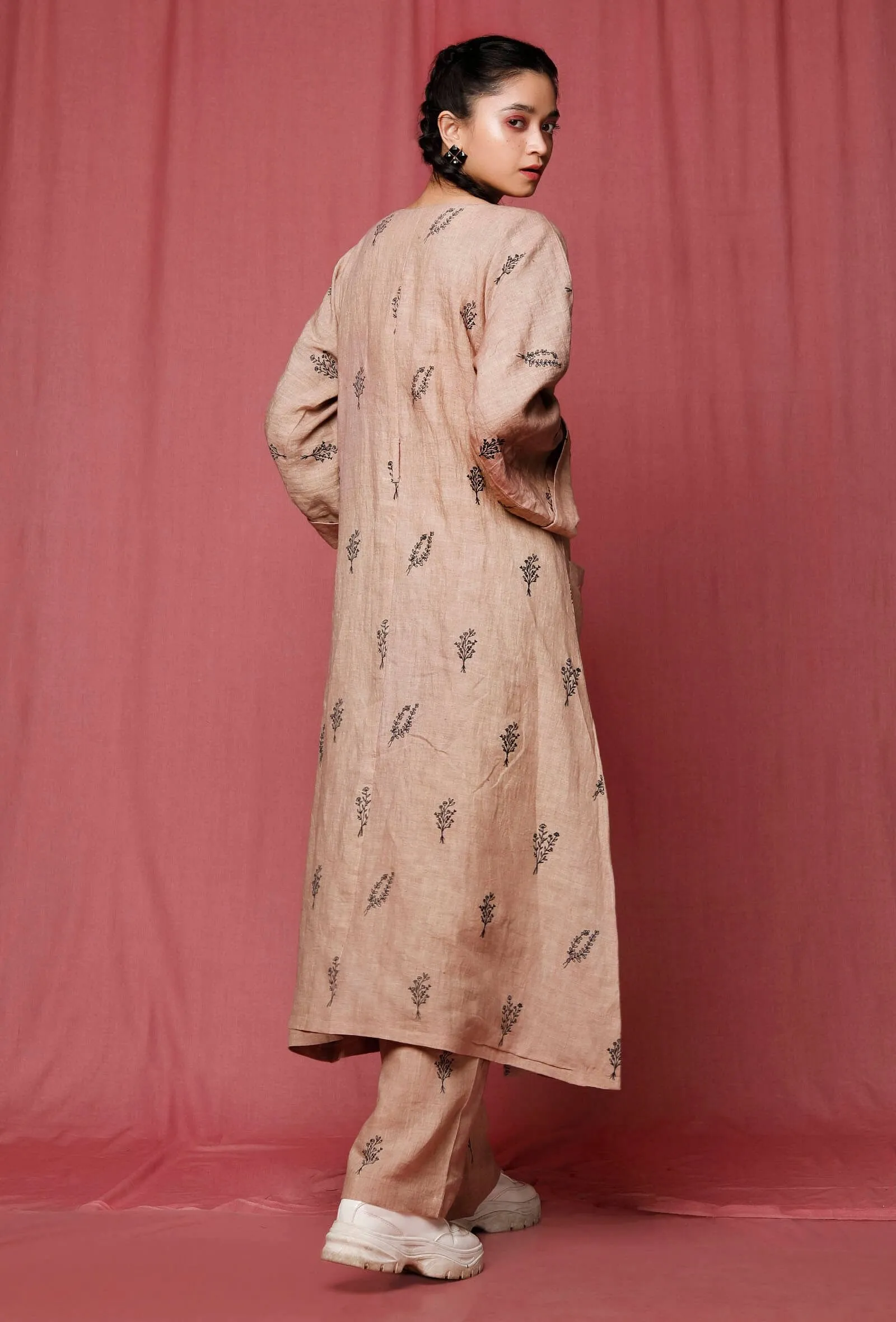 Set of 2: Brown Handblock Printed Notched Linen Overcoat With Handblock Printed Linen Pant