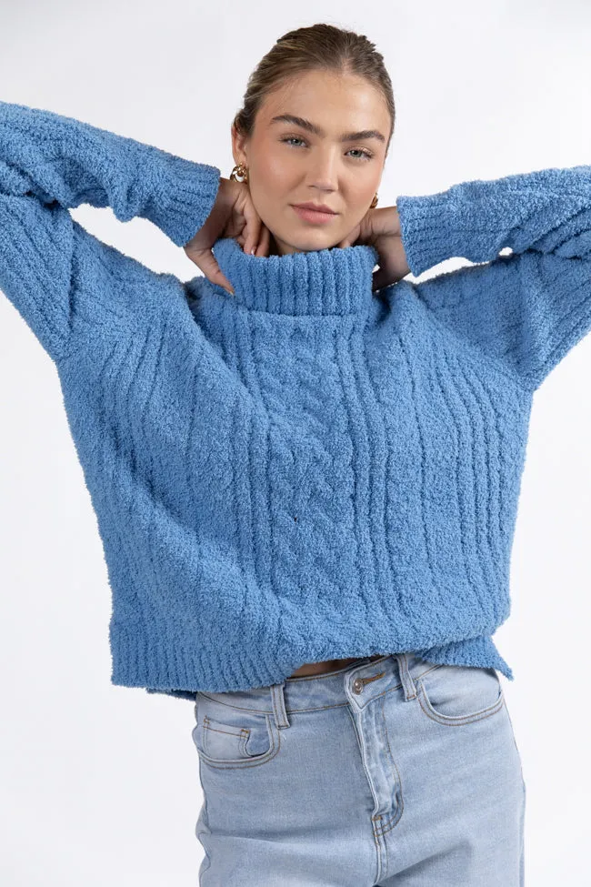 Snow Place Like Home Blue Fuzzy Cable Knit Turtleneck Sweater SALE